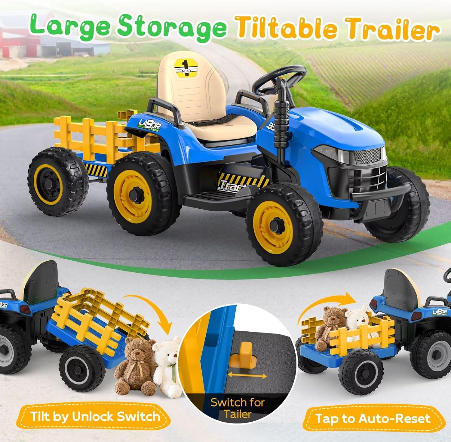 ANPABO 24V Ride On Tractor w/Tiltable & Detachable Trailer, EVA Tires, Up to 4.3Mph, Ride On Toys with Parental Remote, Realistic Tractor Sound & Chimney, Music Player, LED Light, Blue