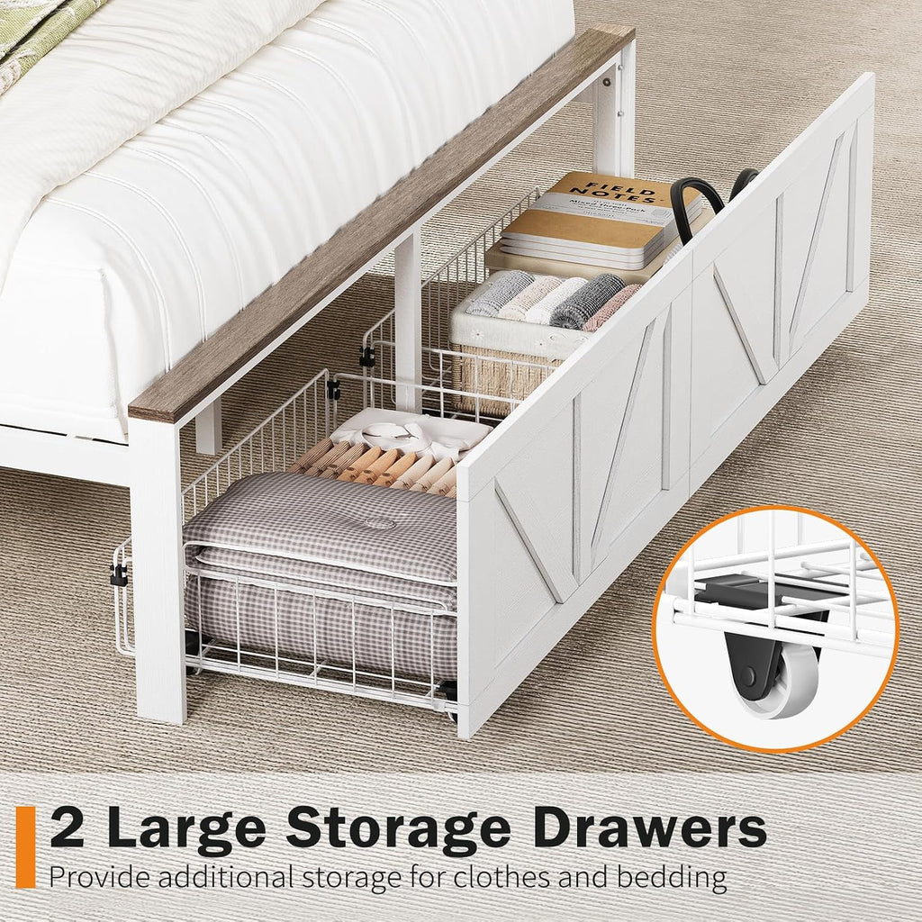 Yoobure Full Size Bed Frame with Headboard, Full Bed Frame with Charging Station, LED Beds with 2 Storage Drawers, Wood Farmhouse Bedframe, Noise-Free and No Box Spring Needed, White
