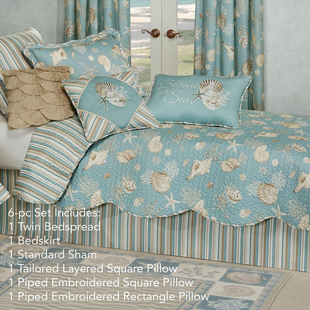 Seabreeze Coastal Beach Bedding | All Season Quilted | Shell Starfish Coral Stripe | Aqua Teal Ivory Cream | 6 Pc Set: Twin Quilt, 1 Standard Sham, Bedskirt, 2 Square Pillows, Rectangle Pillow
