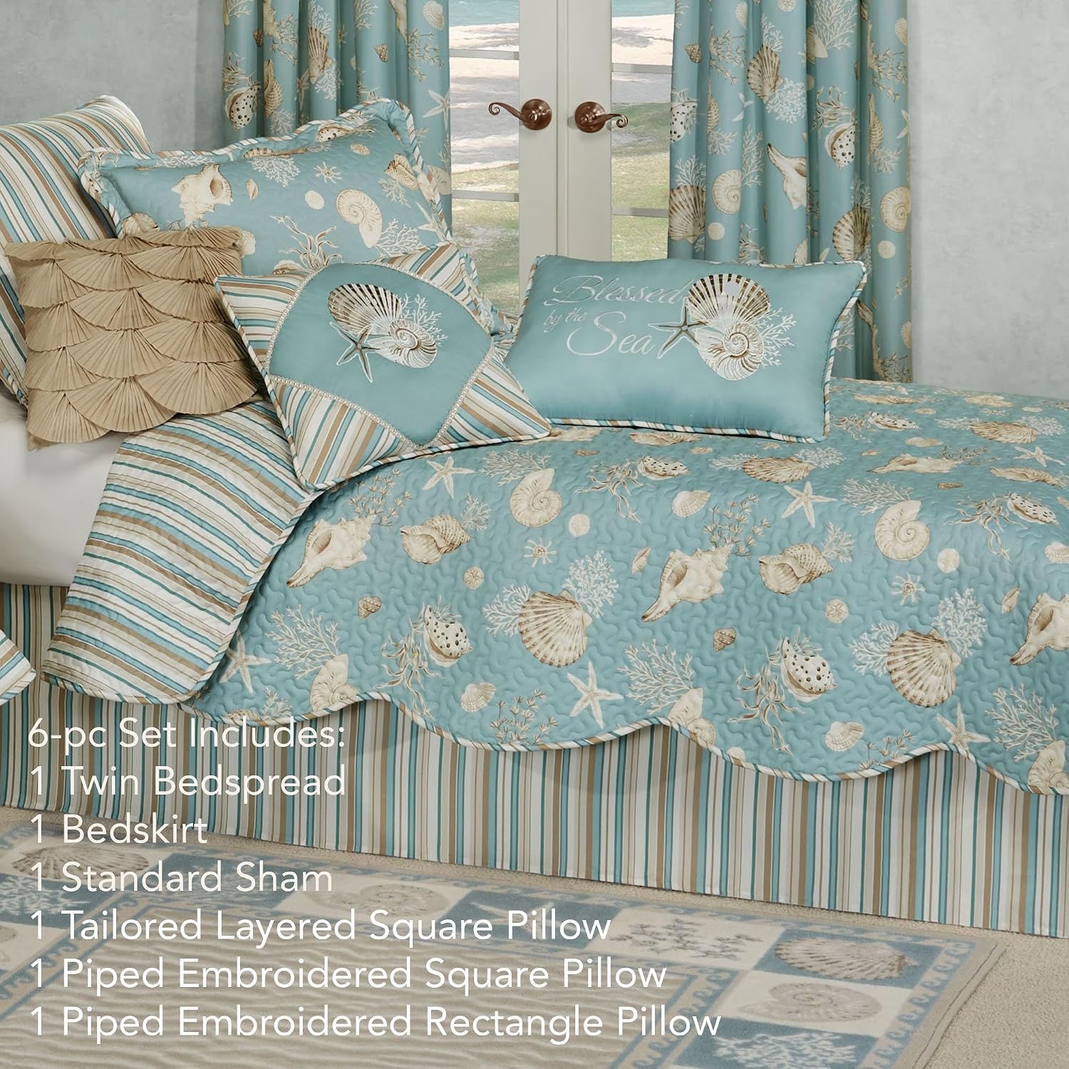 Seabreeze Coastal Beach Bedding | All Season Quilted | Shell Starfish Coral Stripe | Aqua Teal Ivory Cream | 6 Pc Set: Twin Quilt, 1 Standard Sham, Bedskirt, 2 Square Pillows, Rectangle Pillow