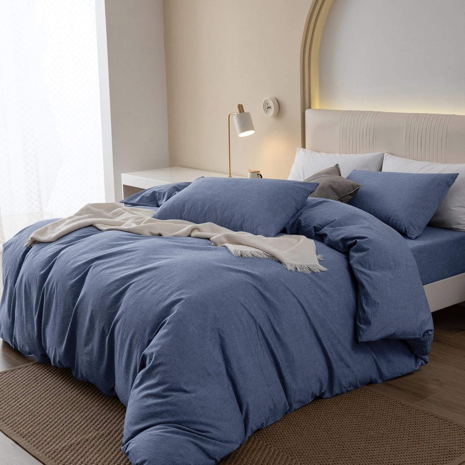 JIYUAN Super King Plus Duvet Cover Set, 3-Piece - 100% Washed Cotton, Linen-Like Soft & Breathable with Zipper Closure, Includes 120x120 Inch Cover & 2 Pillowcases, Heathered Blue