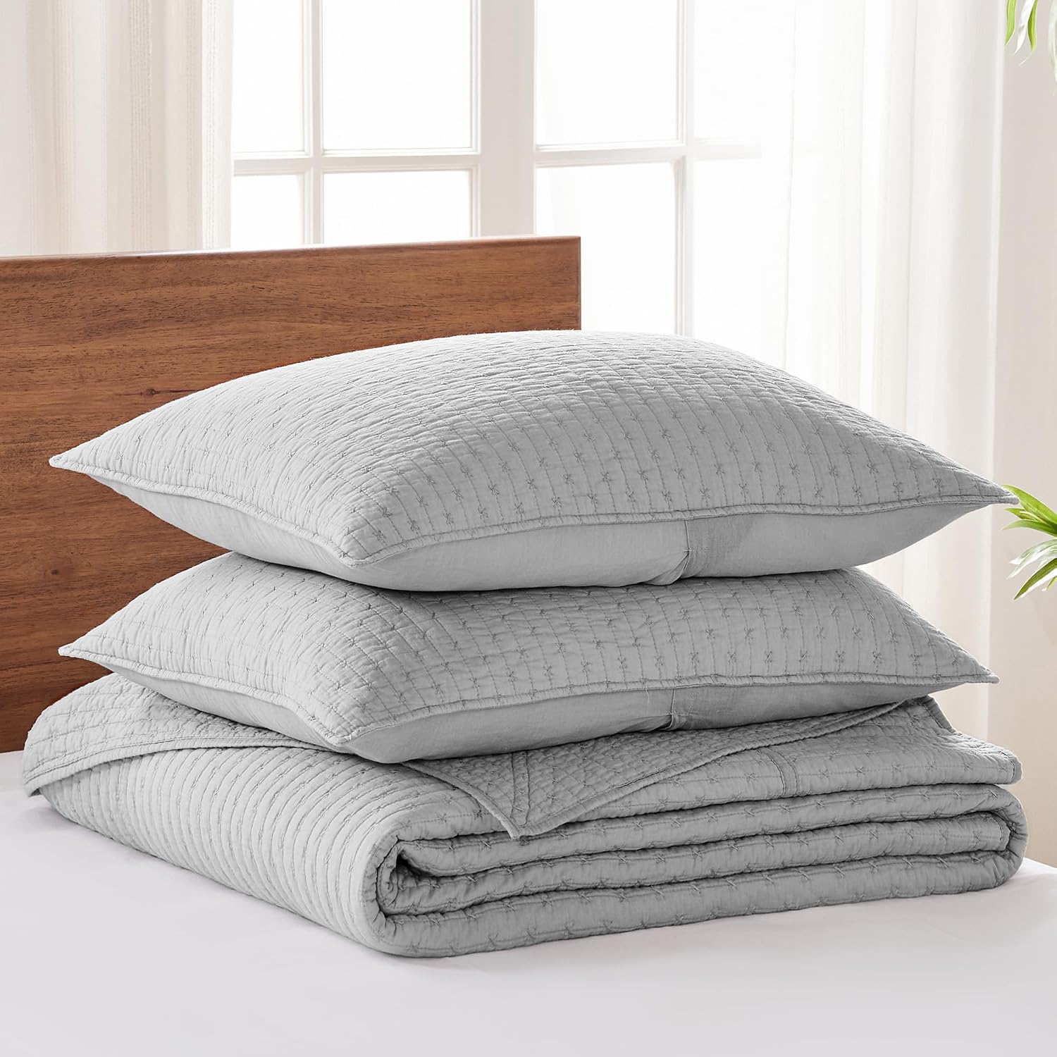 Levtex Home Cross Stitch Reversible King Bedspread Set (120x104in) with 2 Pillow Shams (36x20in) - Stitch Texture - Light Grey - Cotton King Size Bedspread Set - Soft, Pre-Washed