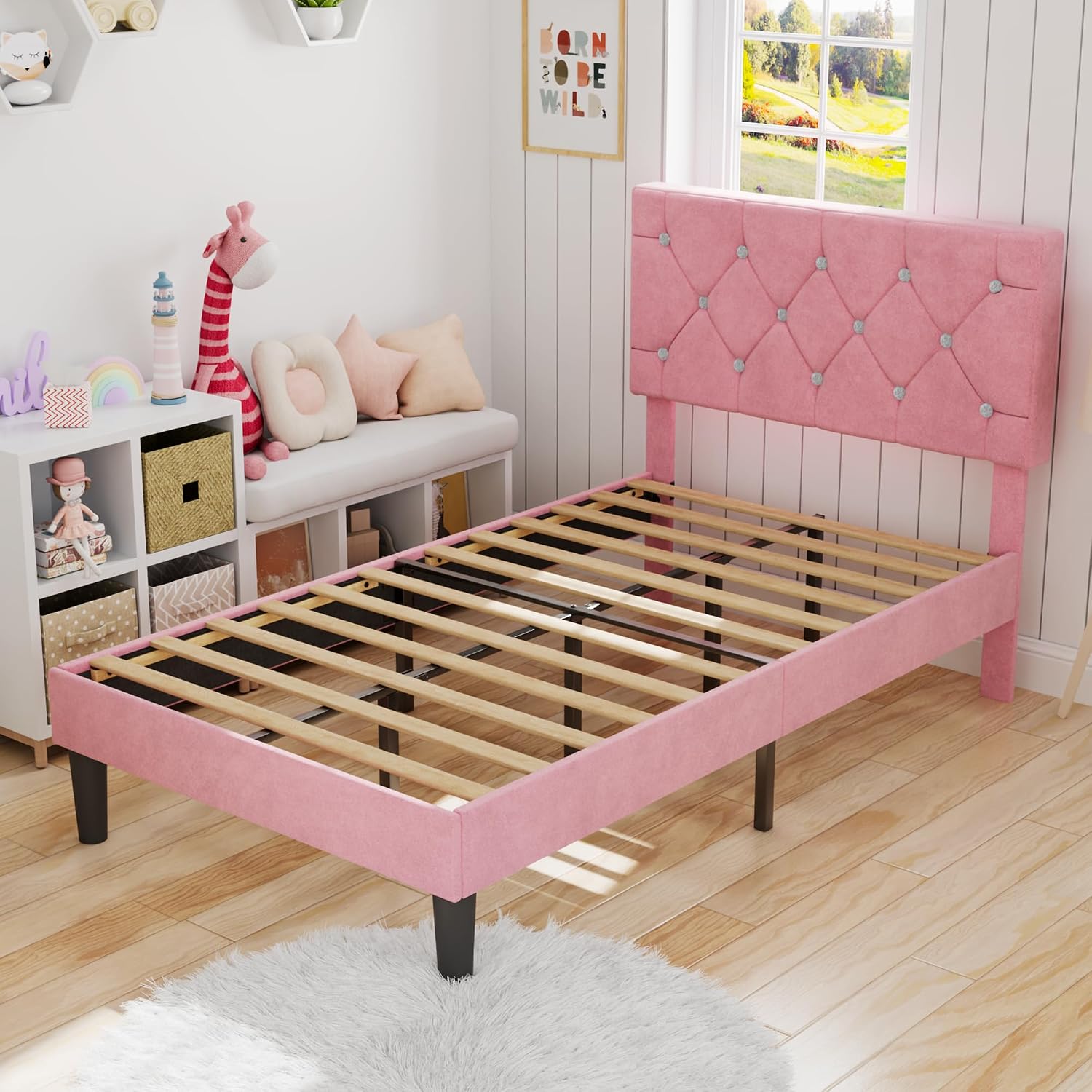 VECELO Twin Size Bed Frame with Diamond Tufted Headboard, Upholstered Platform Bedframe with Wood Slat Support, No Box Spring Needed, Mauve Pink