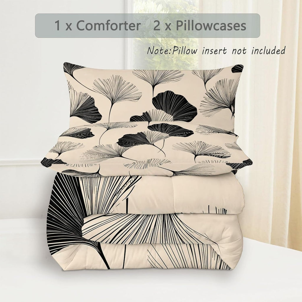 Comforter Set King with 2 Pillowcase, Hand Drawn Graffiti Ginkgo Leaves 3 Pcs Quilted Bedding for Kids and Adults, Soft Fluffy Breathable Microfiber Beige Comforter for Bedroom Decor