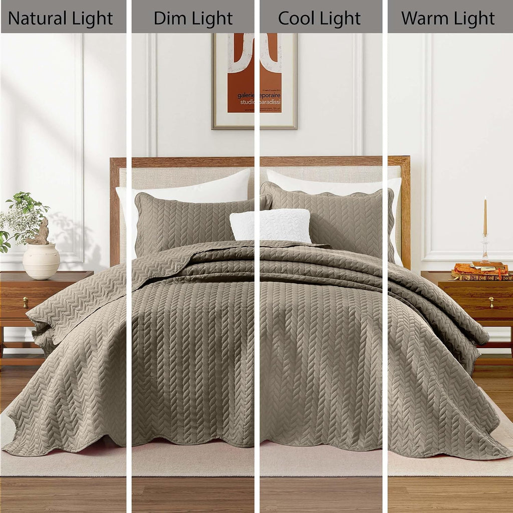 MOONLIGHT20015 Queen Quilt Bedding Set (90' x 96') - Bulk Pack of 10 Wholesale for Hotels, Guest Bedroom & Airbnbs - Lightweight Microfiber Reversible Embossed Quilts Bedspreads (Beige)