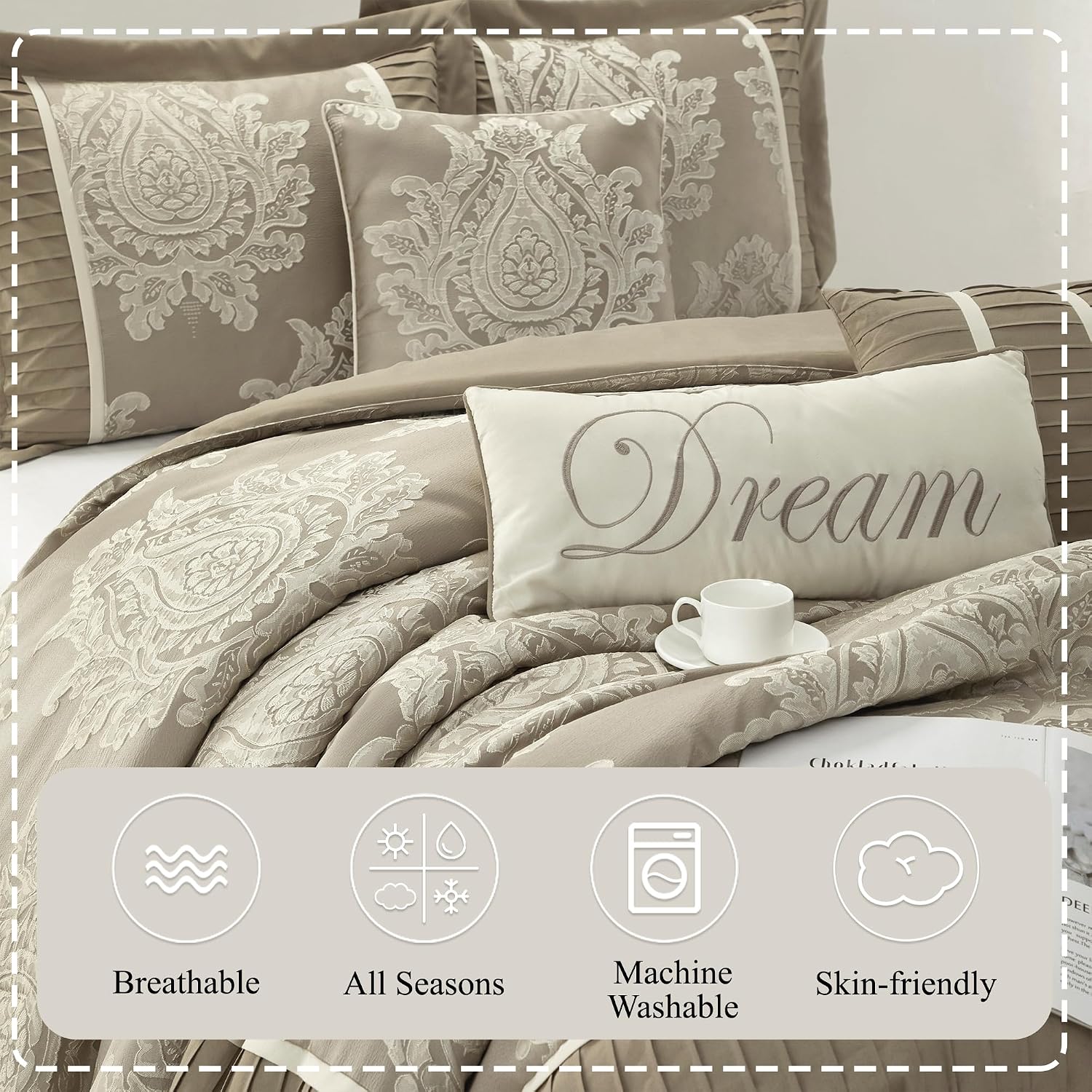 Stratford Park Beige Comforter Set, Bed Size California King,7 Pieces Jacquard Bedding Set, All Season, Matching Bedskirt, Pillows & Shams