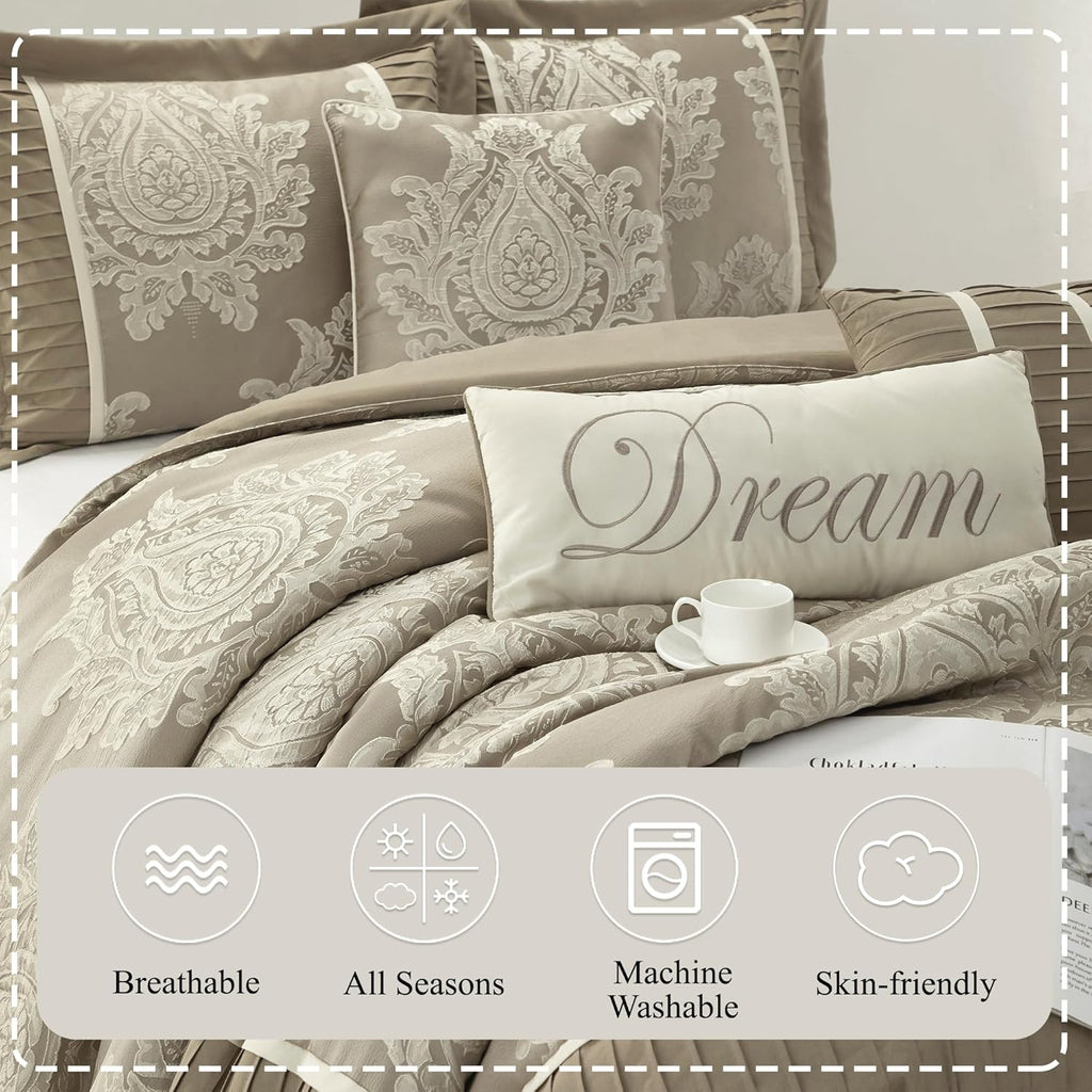 Stratford Park Beige Comforter Set King, 15 Pieces Room in a Bag, Elegant Patchwork Damask Jacquard Bedding Set, Matching Bedskirt, Flat Sheet, Fitted Sheet, Pillow Shams, Curtains