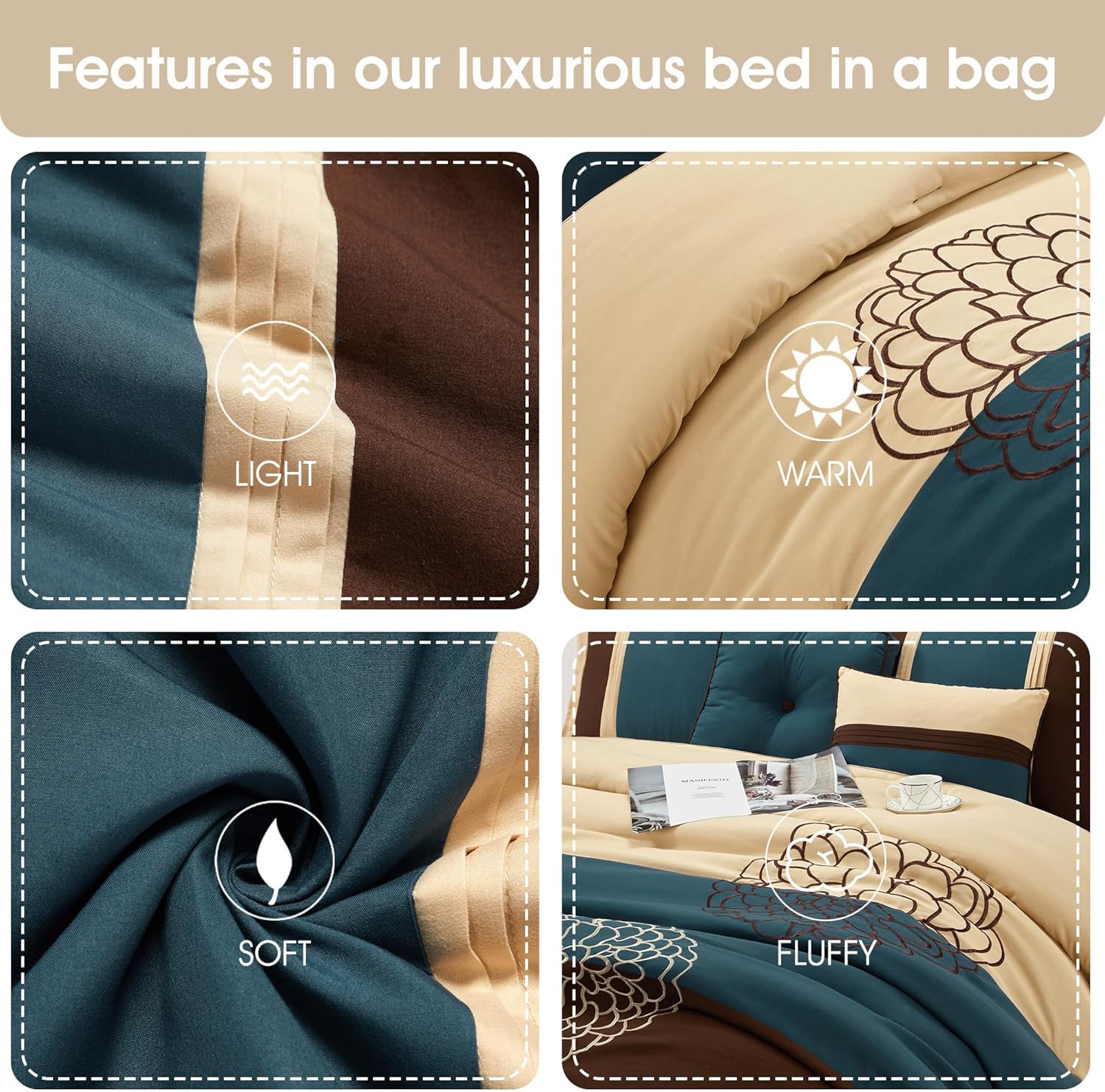 Grand Avenue Brown/Blue Cal King Comforter Set, 8 Piece, Ultra Soft, Premium Microfiber, Bedskirt, Pillows & Shams, Home Decor