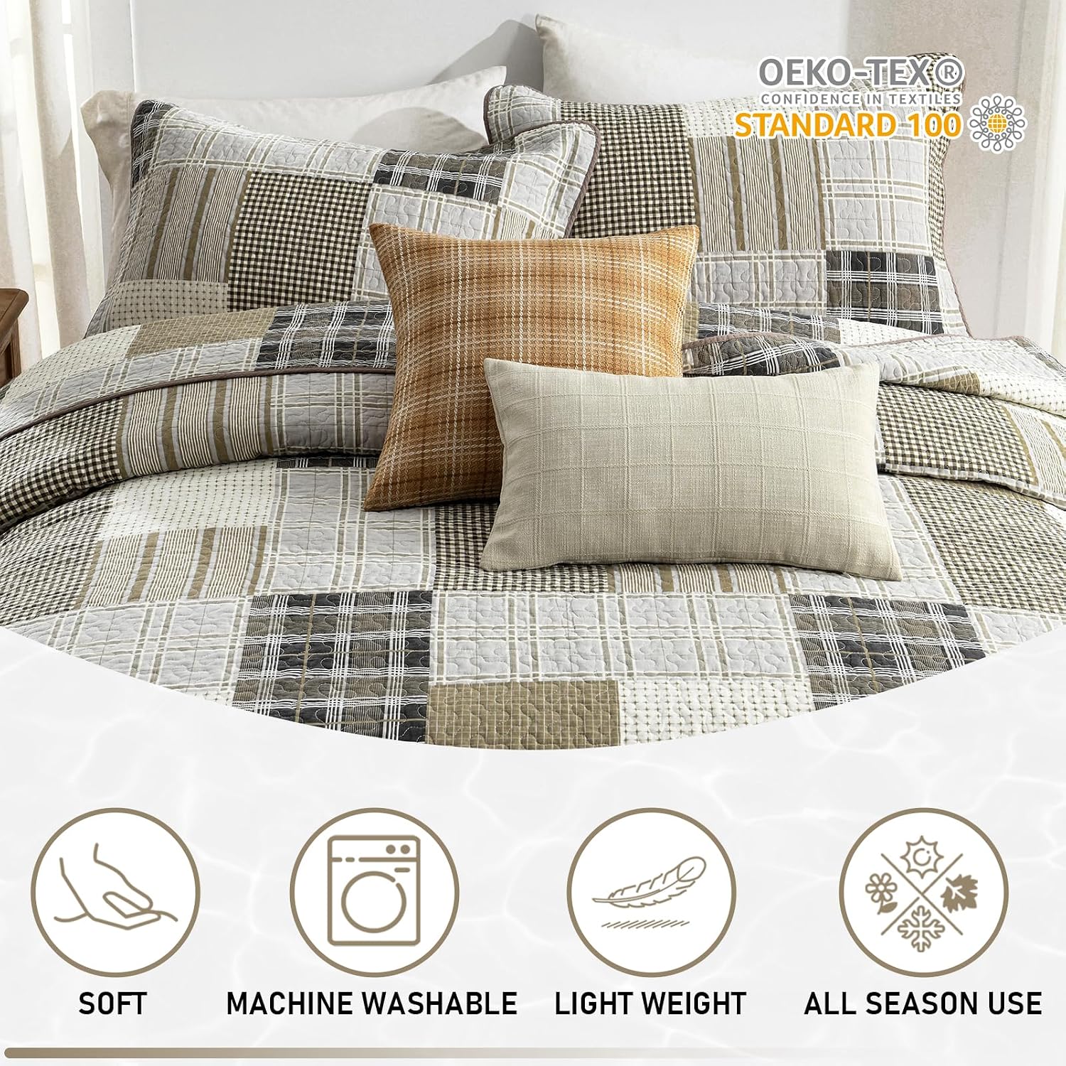 KALOOLA 100% Cotton 5-Pieces Quilt Set Queen Size, All Season Lightweight Quilted Bedspread with 2 Shams 2 Decorative Pillow Covers, Farmhouse Bedding Coverlet for Queen Bed, Beige/Cream/Brown