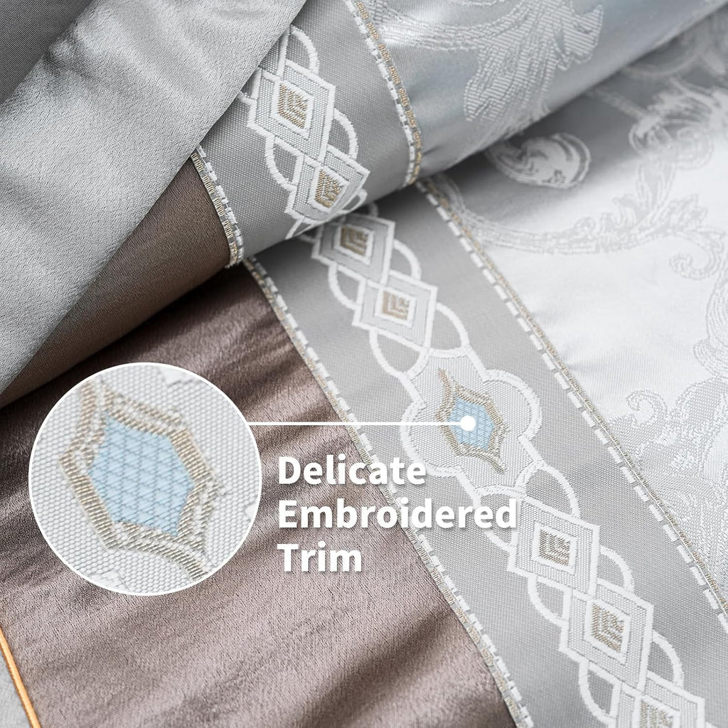 Bedduvit Luxurious Silky 7 Piece Queen Comforter Set - Soft Jaquard Floral Patchwork Design Comforters Queen Size, Silver Gray Down Alternative Bedding Set with Bed Skirt, Shams and Decorative Pillows