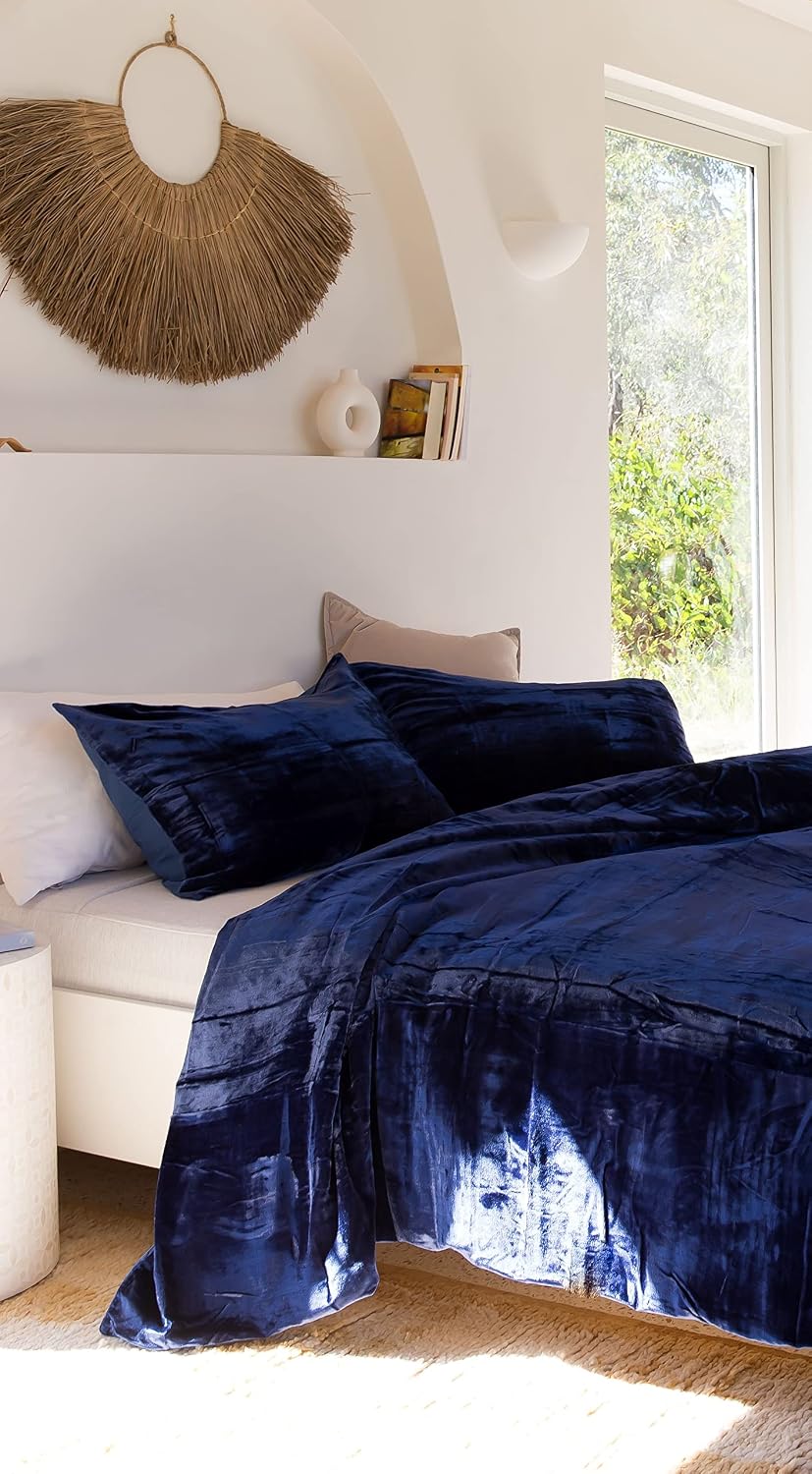 The Harry Creations 3 Pcs Set Solid Pattern Velvet Bedding Ultra Crushed Luxury Boho Donna Duvet Cover (Blue, Super King Plus 114 inches x 118 inches)
