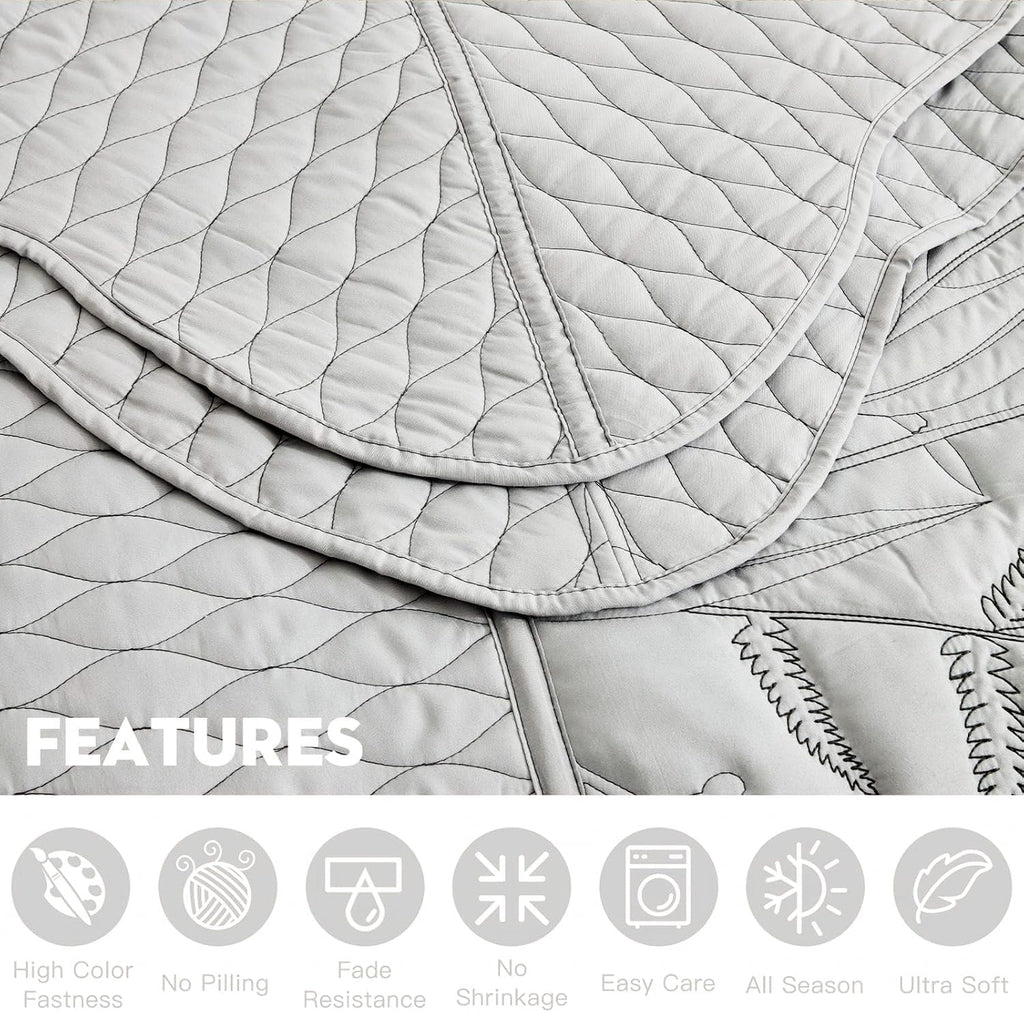 DaisyHuang Botanical Oversized Bedspread King Size - Leaves Pattern Stitching Quilt Set - Elegant & Fresh Style Bedding Coverlets, Reversible, Lightweight, 5 Piece, Grey
