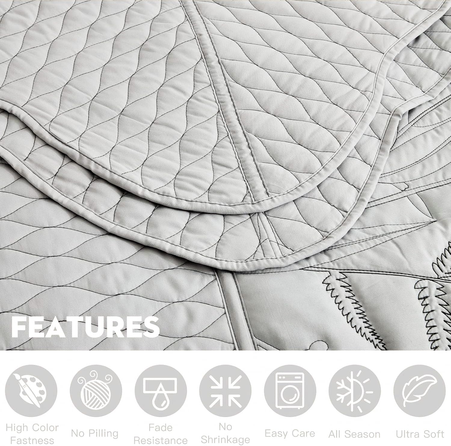 DaisyHuang Botanical Oversized Bedspread King Size - Leaves Pattern Stitching Quilt Set - Elegant & Fresh Style Bedding Coverlets, Reversible, Lightweight, 5 Piece, Grey