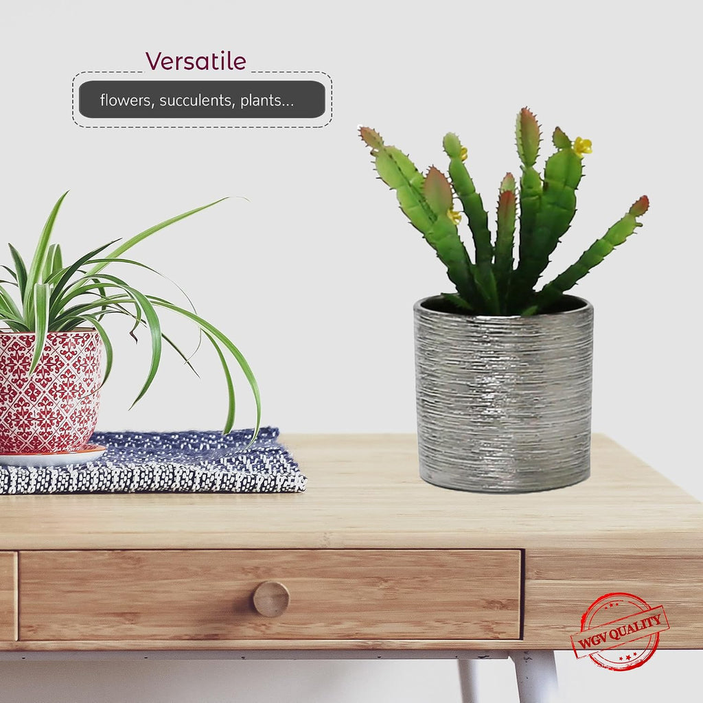 WGVI Silver Etched Ceramic Cylinder Vase Width 3.75' Height 4', Flower Arrangements, Candle Holder, Terrarium Planter Pot, Storage Container Organizer, Pen Brush Holder, Scratched Texture, 24 Pcs