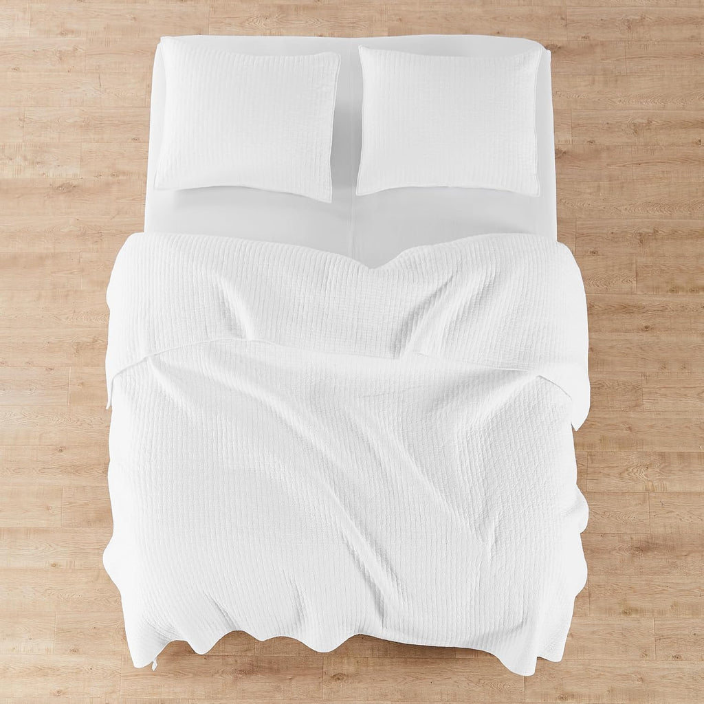 Levtex Home Cross Stitch Reversible Twin Bedspread Set (84x104in) with 1 Pillow Sham (26x20in) - Stitch Texture - Bright White - Cotton Twin Size Bedspread Set - Lightweight, Soft, Pre-Washed