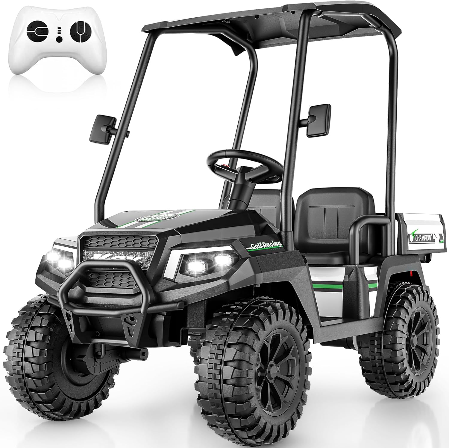 24V KidsGolf Cart w/Detachable Awning–4WD 2 Seater Ride on Car w/Large Storage Trunk, Remote Control, 3 Speeds, Music Player, LED Lights, Ride On Toys, Gift for Kids Ages 3-8(Black）