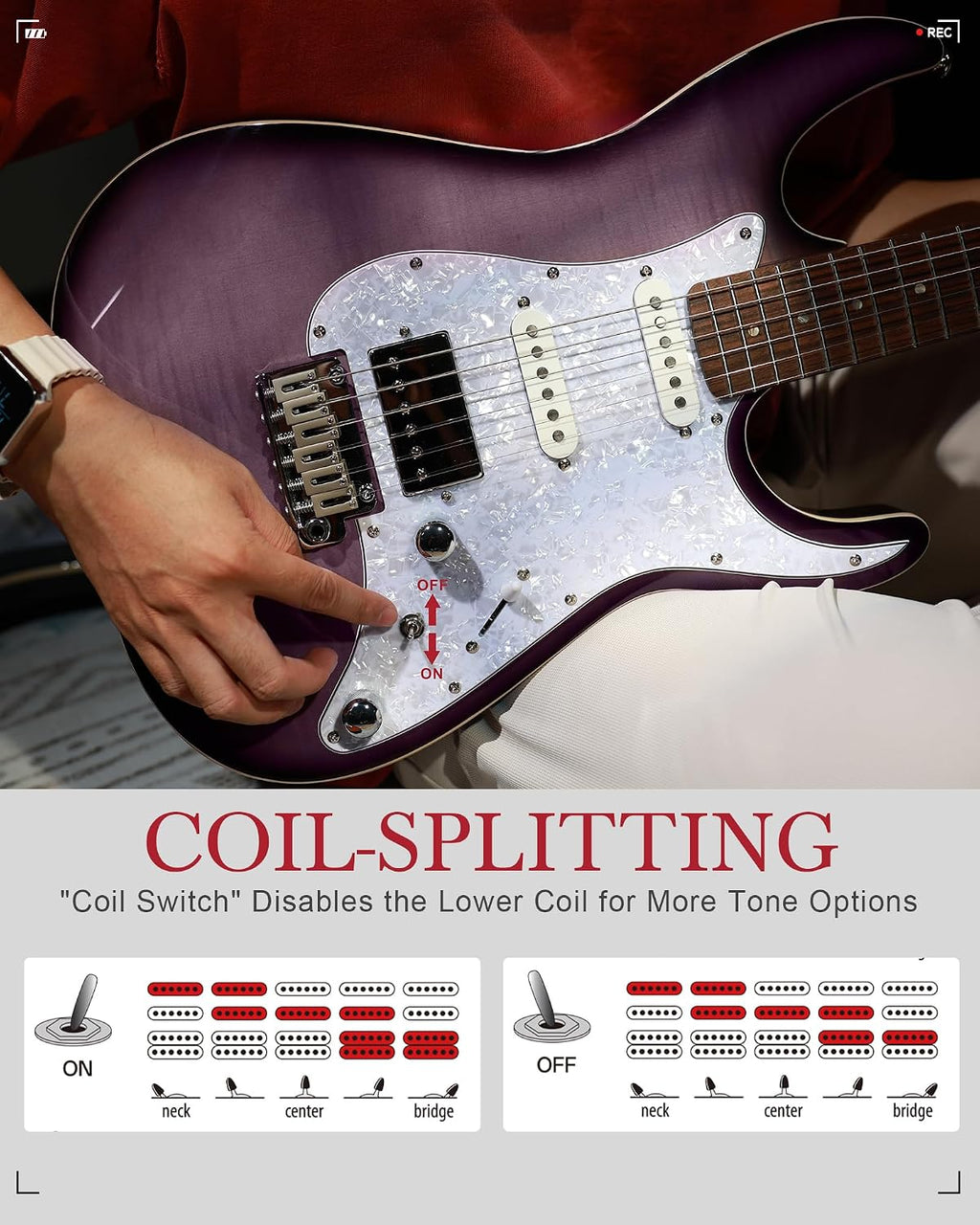 AKLOT Solid Body Electric Guitar - Flame Maple Top, HSS Alnico V Pickups with Coil-Split, Roasted Maple Neck, Locking Tuners, Veltrix Series, Violet Venom