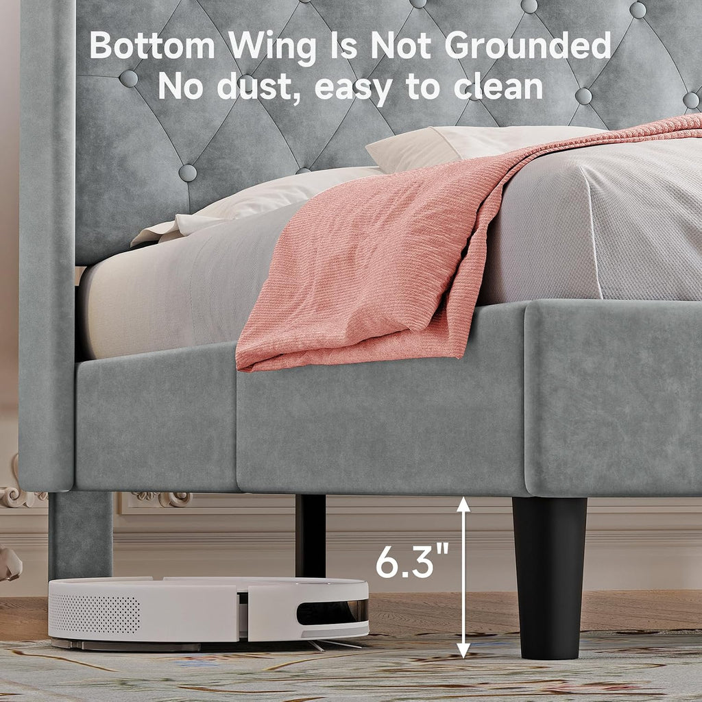koorlian Full Size Bed Frame, Full Bed Frame with Headboard, Adjustable Velvet Upholstered Bed Frame with Type-C&USB Port, Wingback Storage Headboard, Solid Wood Slats Support, Noiseless, Light Gray