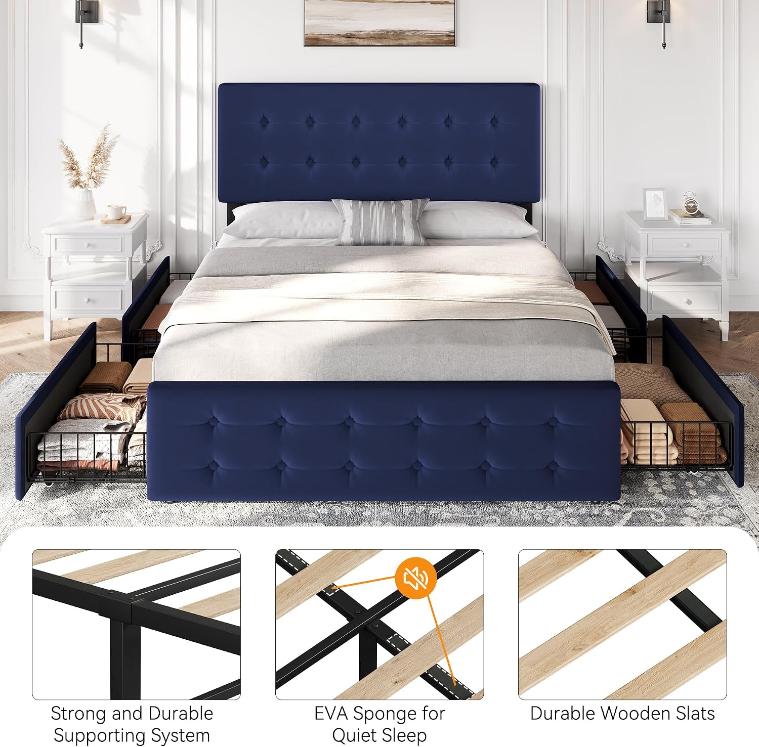 GAOMON Full Size Bed Frame with 4 Drawers and Adjustable Headboard, Velvet Upholstered Platform Bed with Button Tufted Design, No Box Spring Needed, Strong Wooden Slats, Blue