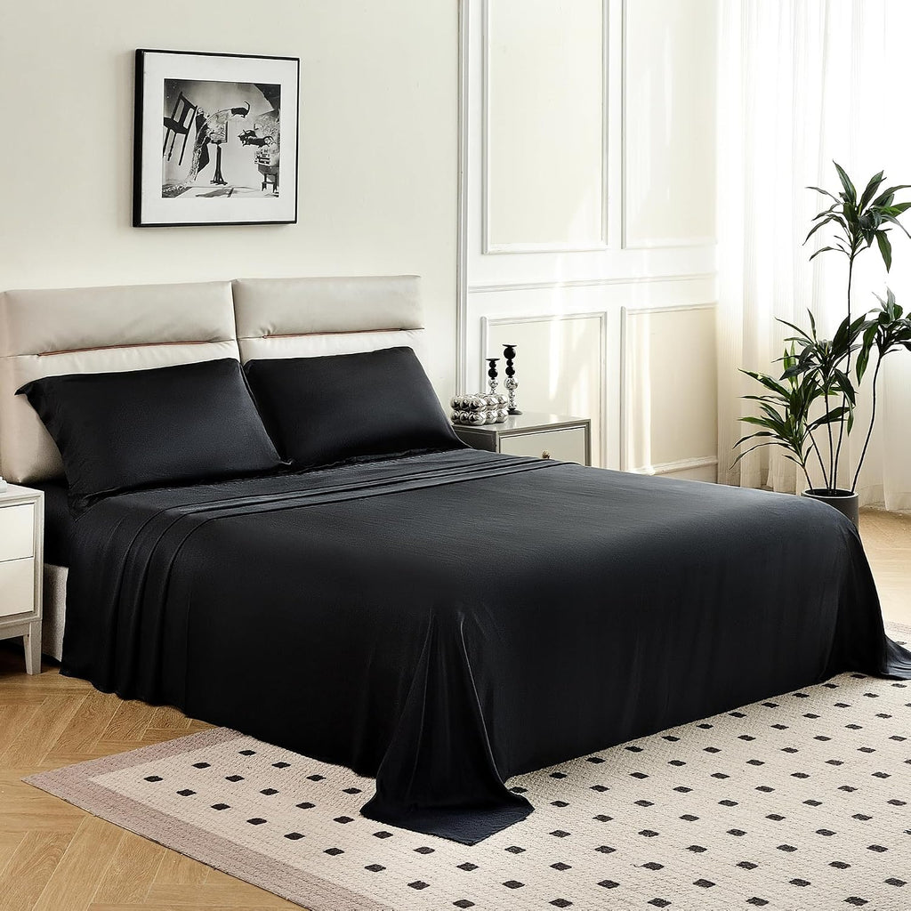 4 Pieces 100% Mulberry Silk Sheet Set Bed Sheets, 19 Momme King Size 6A Luxury Bedding Set with Flat Sheet, Fitted Sheet & 2 Pillowcases (King, Black)