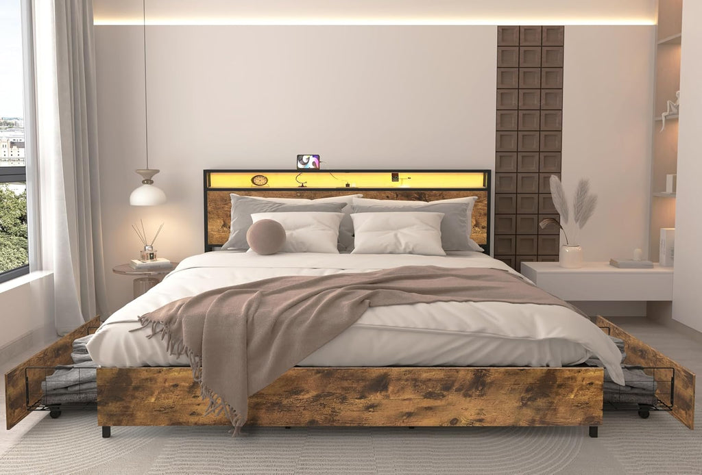 King Bed Frame with 4 Storage Drawers, LED Bed Frame Storage with Headboard and Charging Station, Solid and Stable, Noise Free, No Box Spring Needed, Easy Assembly, Rustic Brown