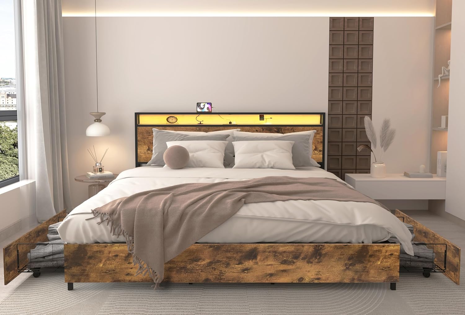 King Bed Frame with 4 Storage Drawers, LED Bed Frame Storage with Headboard and Charging Station, Solid and Stable, Noise Free, No Box Spring Needed, Easy Assembly, Rustic Brown