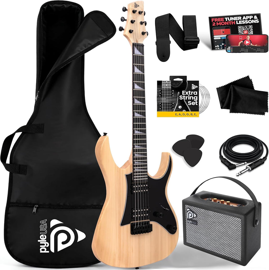 Pyle Prog Rock EG Series Electric Guitar with Amp Kit, 39' Full Size with Dual Humbucker Pickups, Low Profile Neck and Solid Paulownia Body, Premium Accessory Kit Included (Prog Rock, Natural)