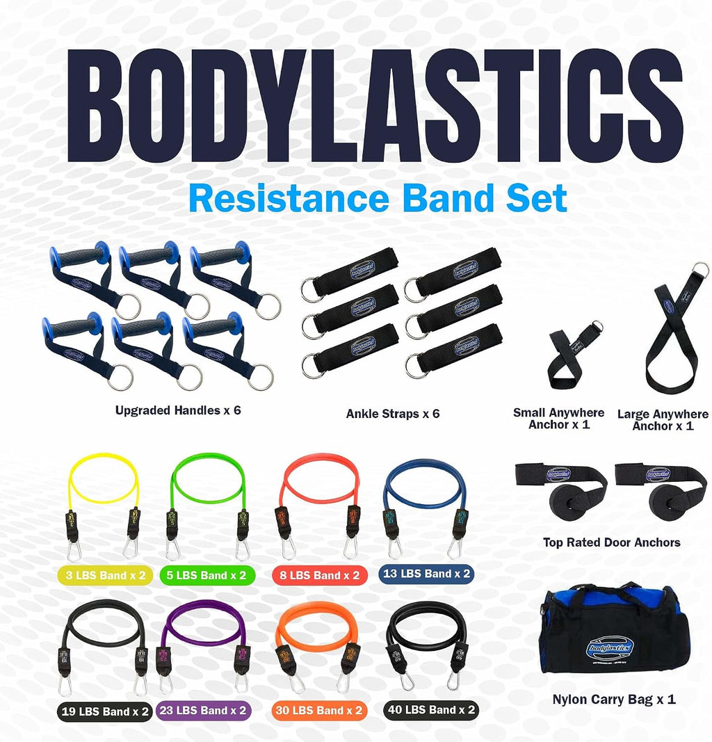 Bodylastics Patented Basic Series Resistance Band Set - Resistance Bands with Snap Reduction Tech, 2 Handles, 2 Ankle Straps, 1 Door Anchor & 1 Carry Bag