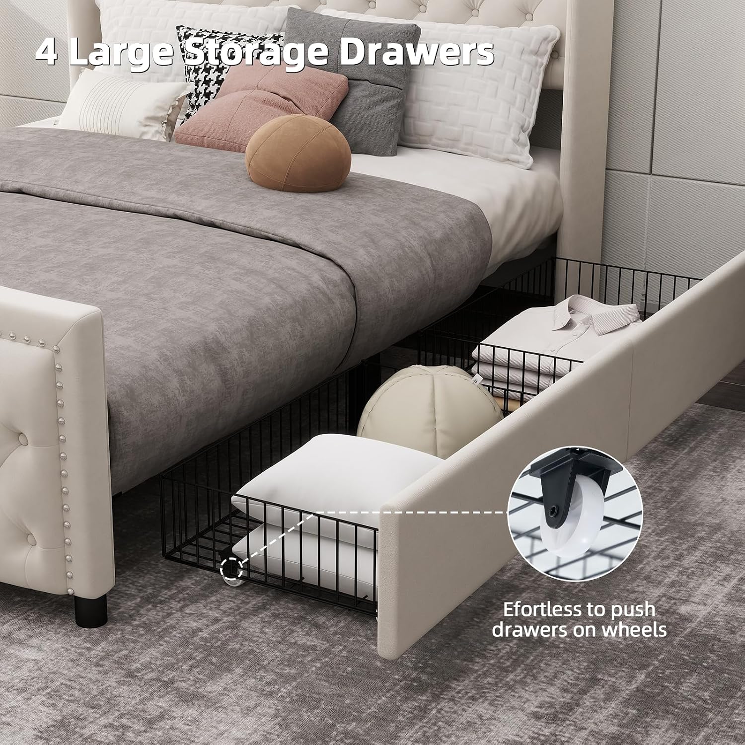 CANMOV Queen Size Upholstered Bed Frame with 4 Storage Drawers,Comfortable Fabric Platform Bed Frame with Wingback Headboard & Footboard,Wooden Slats Support,Button Tufted,No Box Spring Needed,Cream
