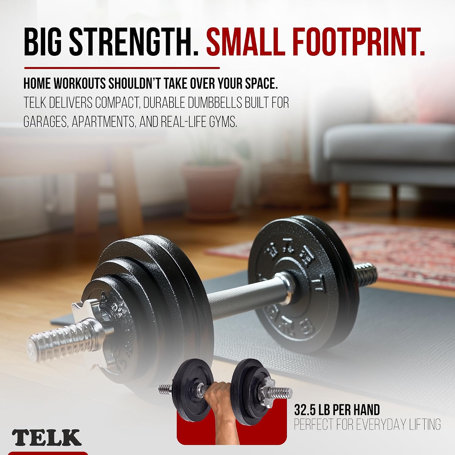 TELK – Adjustable Dumbbell Set – Home Gym Weight Set with Baked Enamel Cast Iron Plates – Space-Saving Free Weights for Strength Training