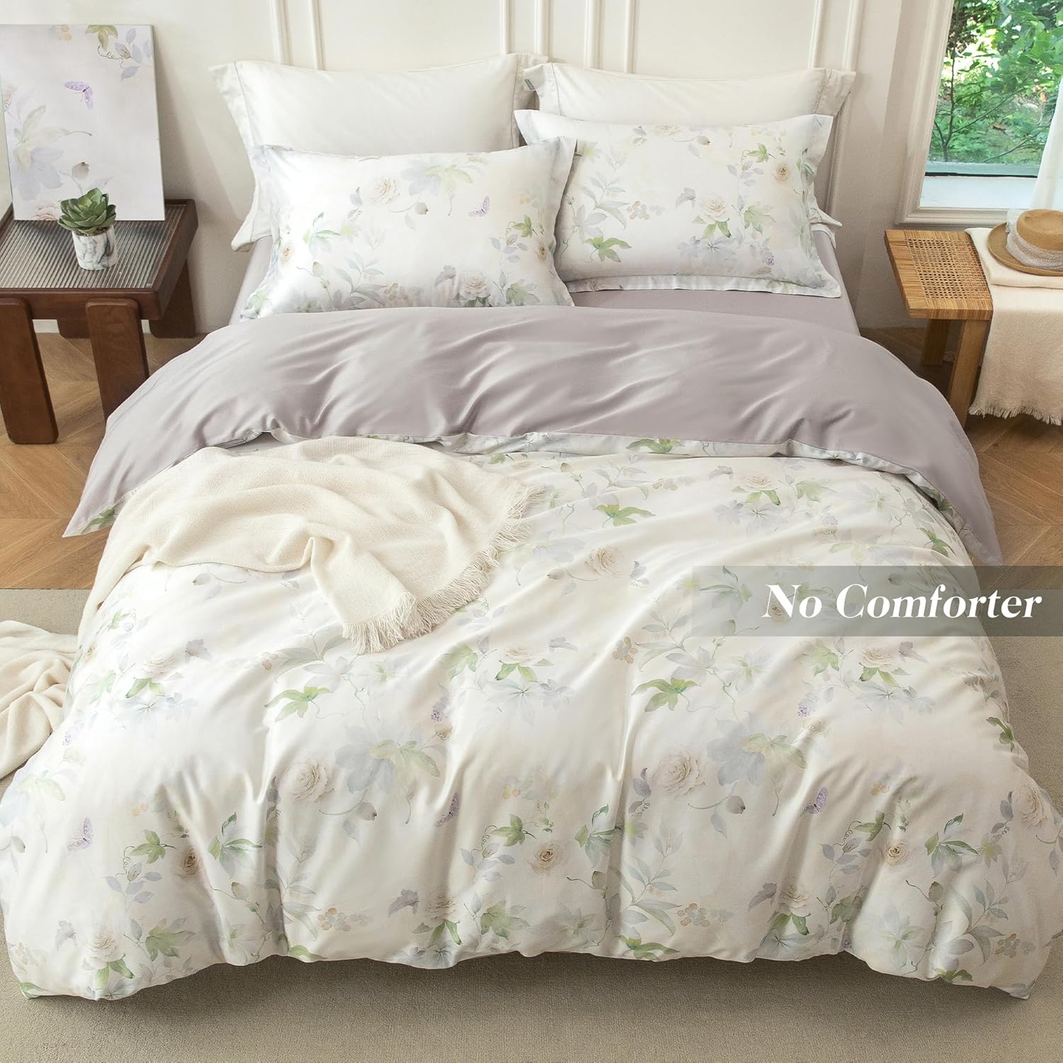 MILDLY Cal King Duvet Cover Set - 100% Long-Staple Cotton Beige Floral Patten Reversible Comforter Cover - 3Pcs Soft Breathable Luxury Bedding for All Season