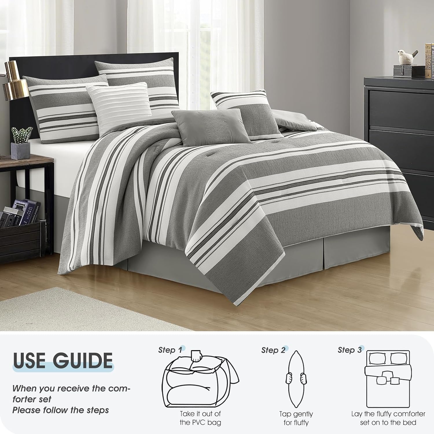LANCO MODERN LIFESTYLE 7 Piece California King Comforter Set, White Grey, Striped Jacquard Design, Soft and Cozy for All Seasons, Bed in a Bag with Comforter, Pillow Shams, Decor Pillows and Bedskirt