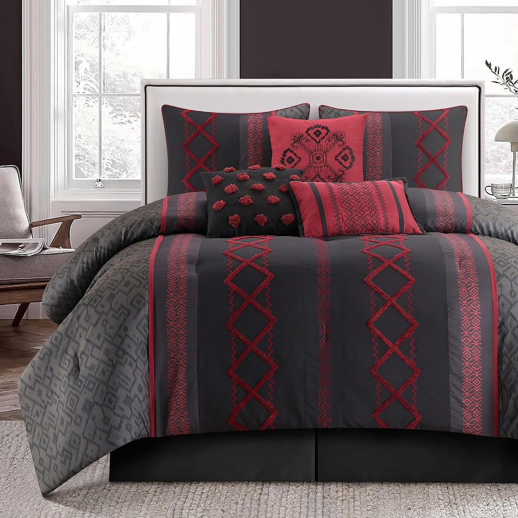 LANCO MODERN LIFESTYLE Black Red King Comforter Set, 7 Pieces All Season Bedding Sets in a Bag with Geometric Terry Embroidered Comforter, Bed Skirt, Pillow Shams and Decorative Pillows