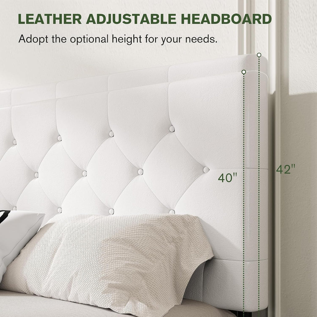 MUTICOR Queen Size Bed Frame with 4 Storage Drawers, Upholstered Platform Bed with Button Tufted Adjustable Headboard, No Box Spring Needed, Easy Assembly, Diamond Tufted, White Leather