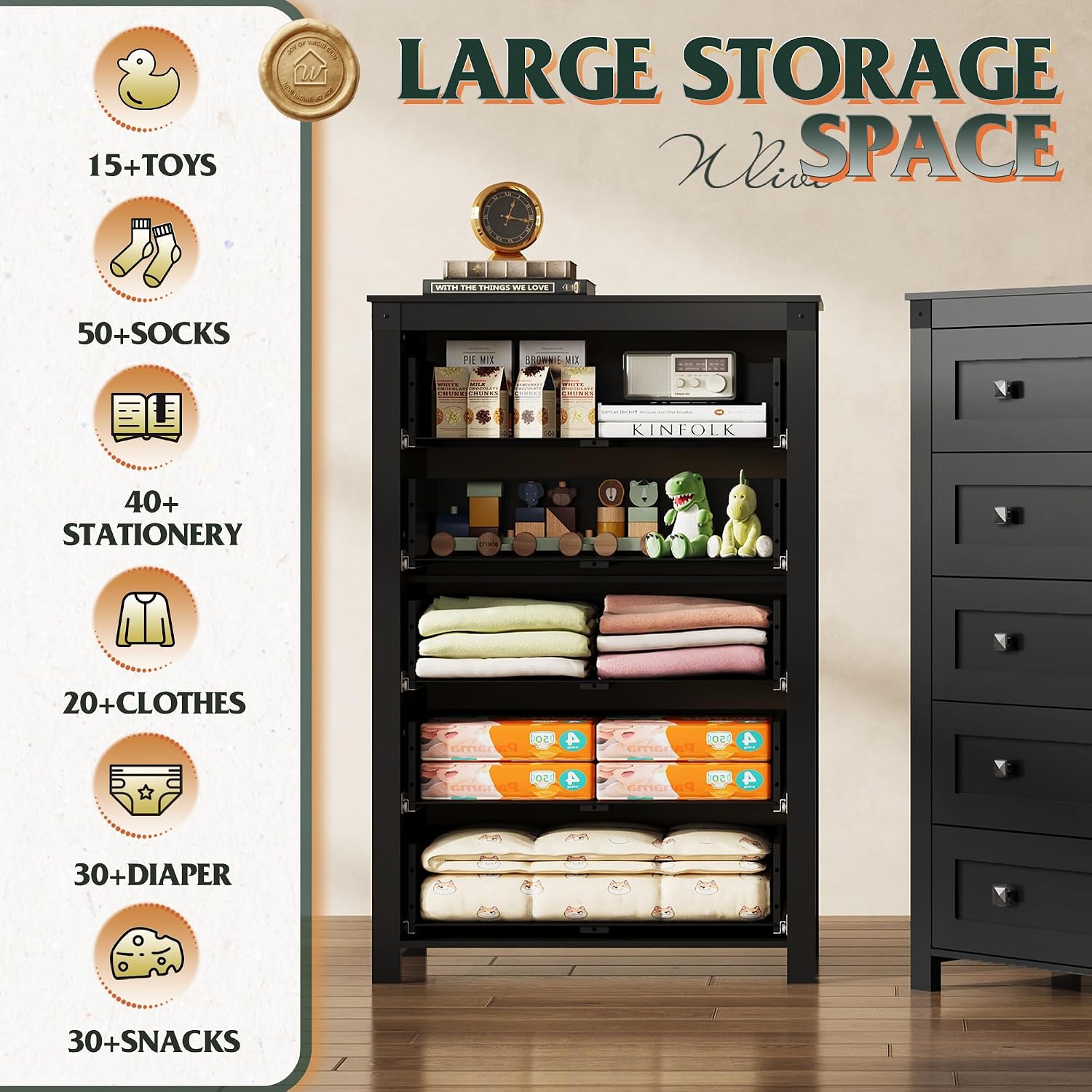 WLIVE Farmhouse Black Dresser for Bedroom, 5 Drawer Dresser Storage Organizer, Tall Wood Dressers with Double Rustic Handle, Chest of Drawers for Living Room, Hallway, Closet