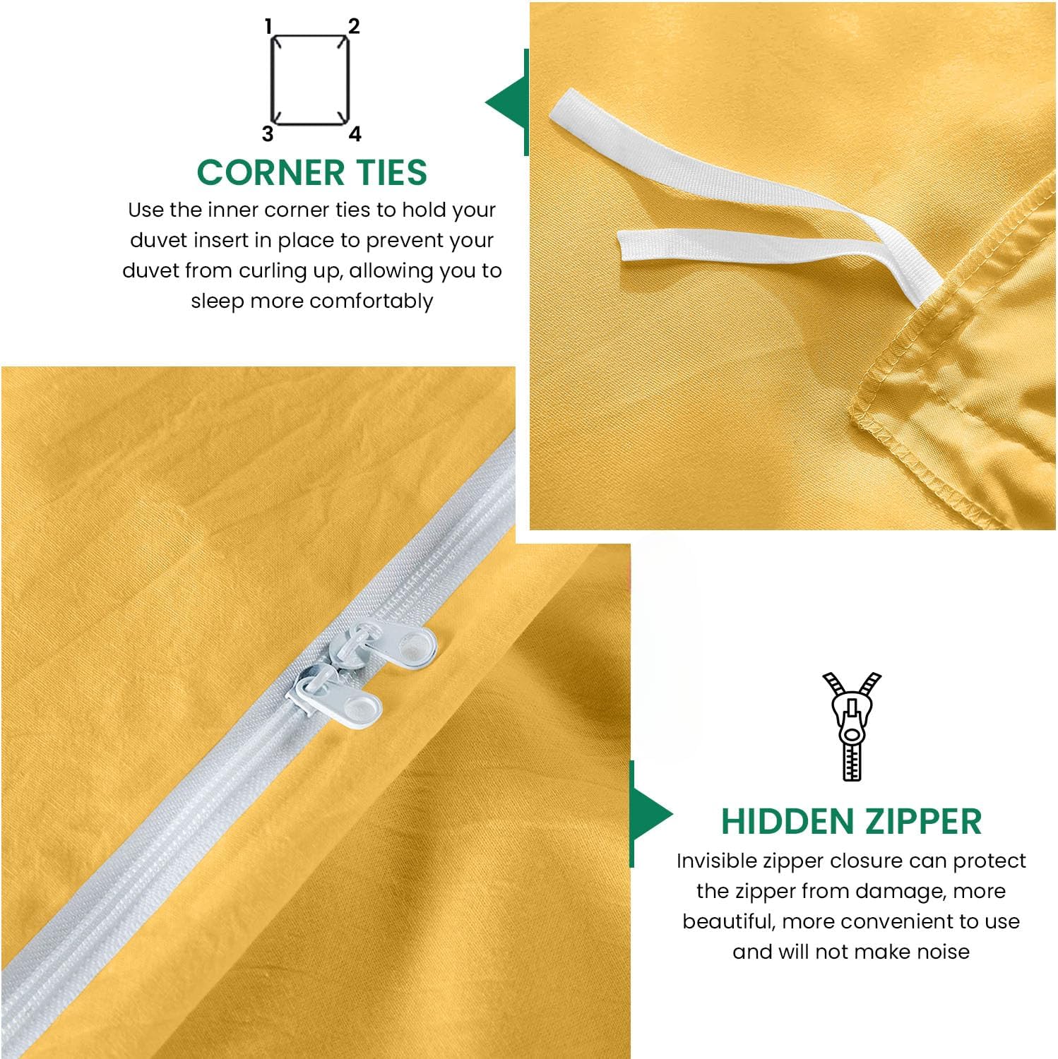 800TC 3 Sided Zipper Duvet Cover Set Soft Egyptian Cotton 3 Sided Zipper Closure, 3 PCS 1-Duvet Cover & 2- Pillow Shams - King-XL Size (98' x 116') Inches, (Solid Gold)