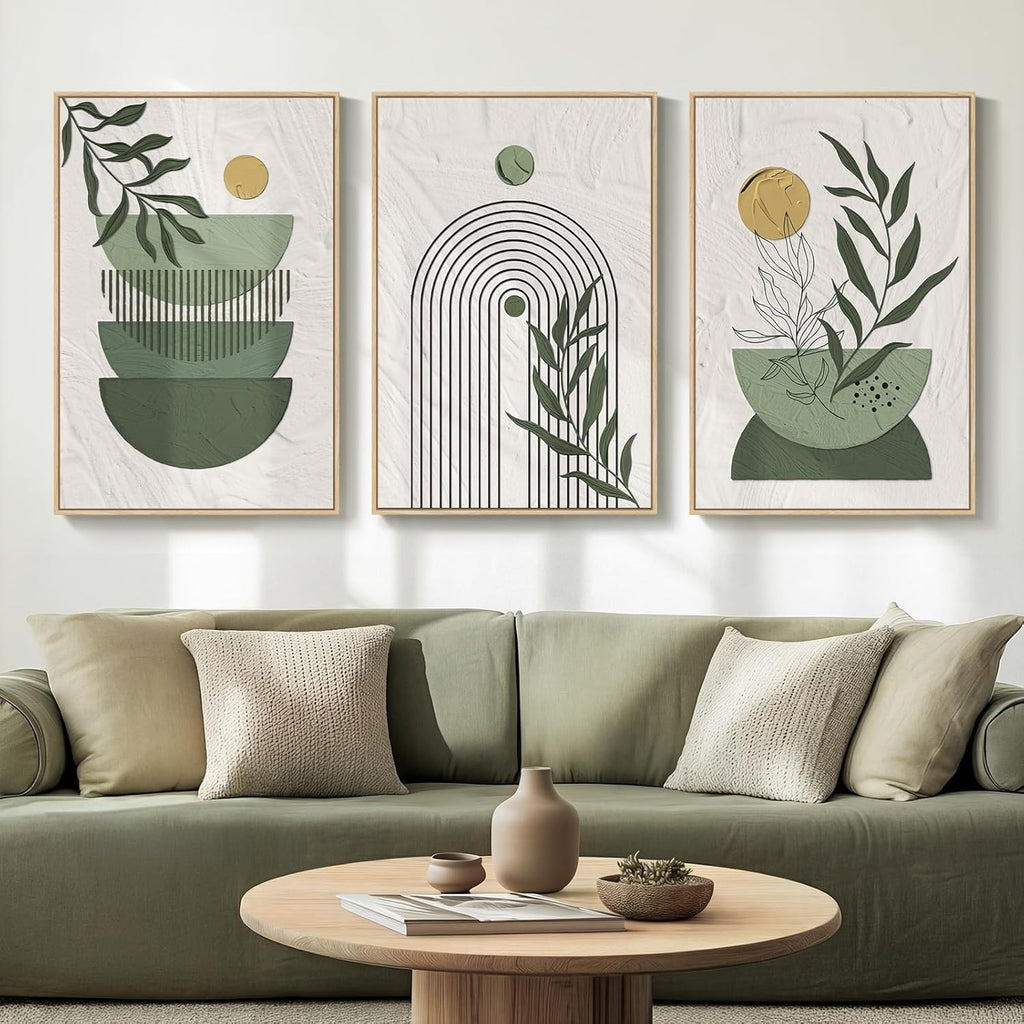 Large Framed Sage Green Boho Wall Art for Living Room, 3 Piece Mid Century Modern Bohemian Canvas Artwork for Walls, Botanical Paintings Prints Pictures Wall Decor for Bedroom Home Office, 24x36 Inch