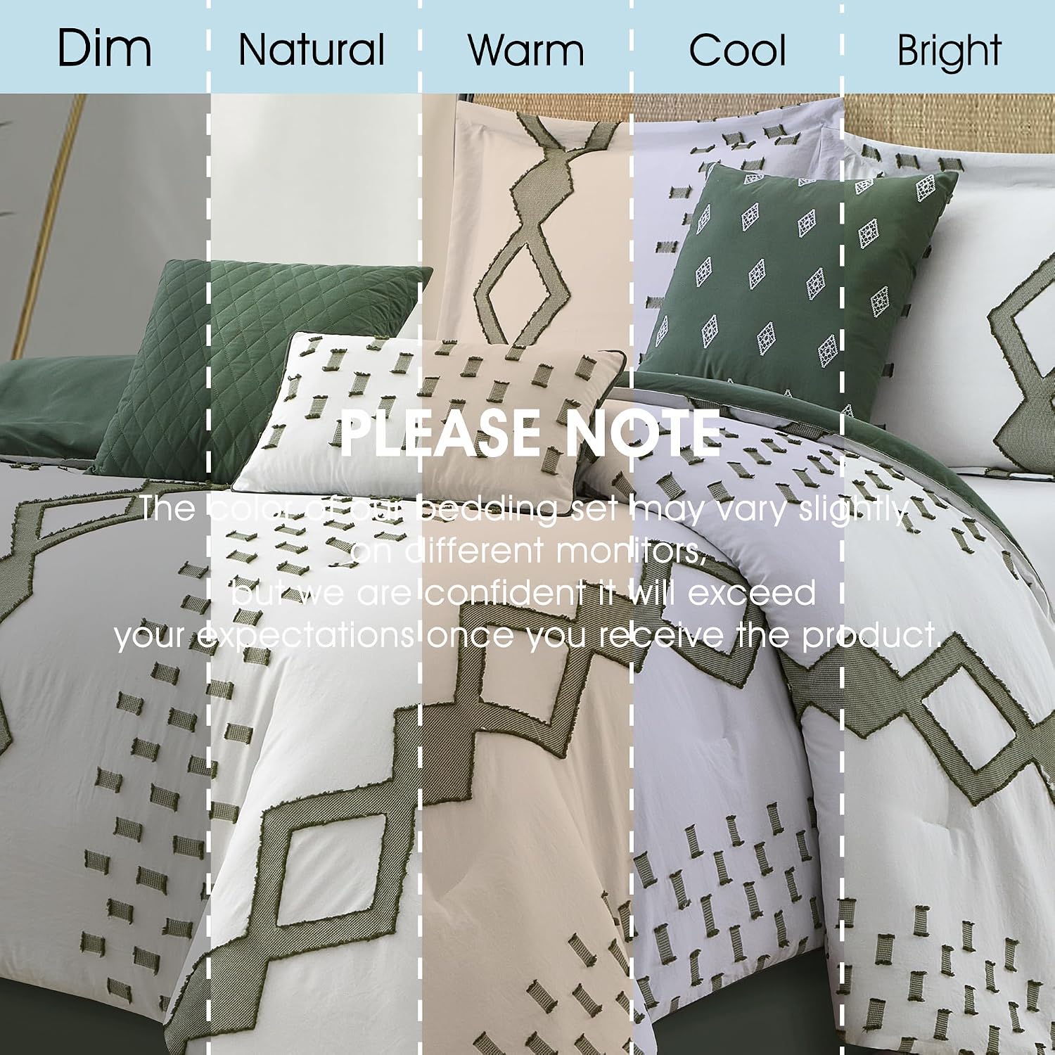 LANCO MODERN LIFESTYLE 7 Piece Green and White Comforter Set, King, Boho Home Decor, Geometric Clip Pattern Bedding Set for All Seasons, Bed in a Bag, Bedskirt, Shams and Decorative Pillows