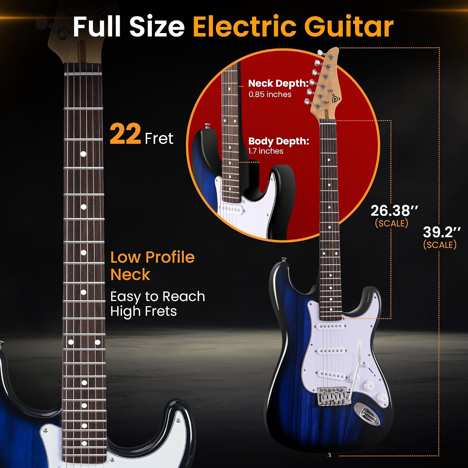 Pyle Electric Guitar and Amp Kit - Full Size 39' Complete Starter Kit with Wearable Bluetooth Amplifier, 1/4' Cable, Carry Case, Strap, Strings, Picks, Cleaning Cloth, ST-Style Pickups (Blue Burst)