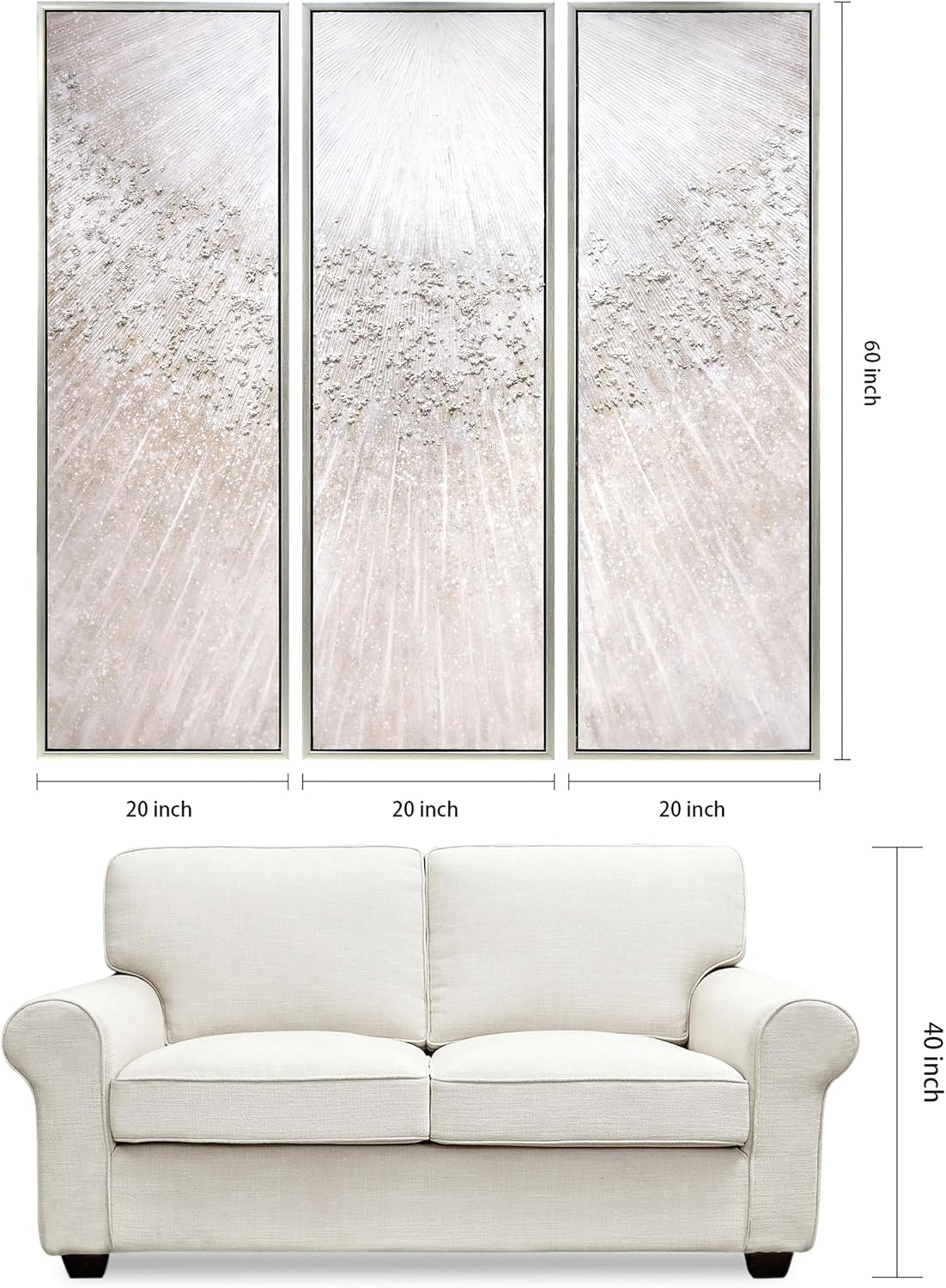 Empire Art Direct Silver Radiant Trio Textured Glitter Hand Painted Framed Canvas Wall Art with Silver Leaf, Ready to Hang, Living Room, Bedroom & Office, 20'x60'x1.5' each