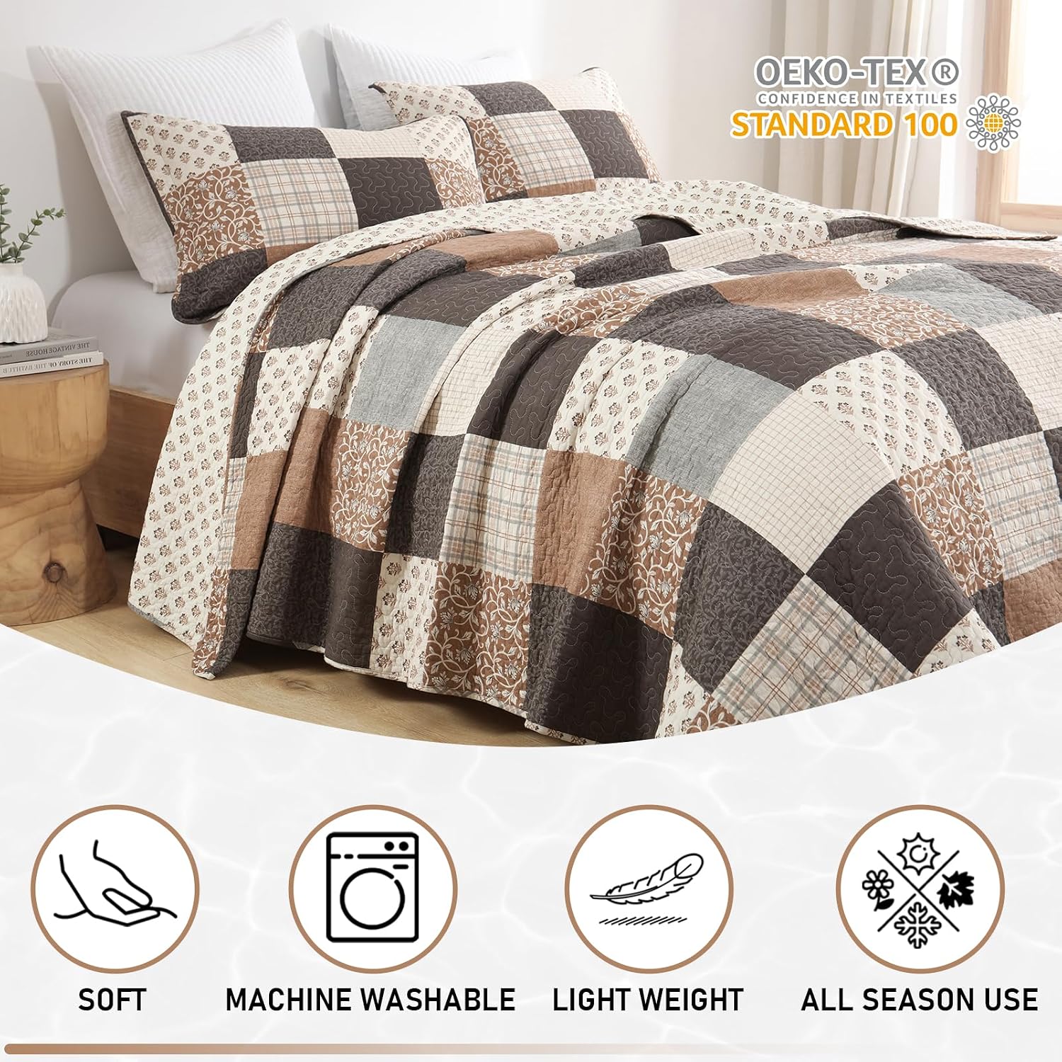KALOOLA 100% Cotton Quilt Set King Size - Farmhouse Printed Patchwork Bedspread with 2 Pillow Shams, Reversible Plaid Botanical Bedding Coverlet for All Season, 3 Pieces, Brown/Charcoal/Gray