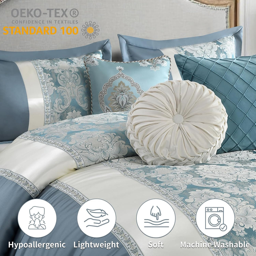 SahSahCasa 7-Piece Luxury Queen Comforter Set, Bed in a Bag Queen, Jacquard Silky Fluffy Comforter Bedding Set with Bedskirt, Decorative Pillows, Elegant Reversible, Down-Alternative, Dusty Blue