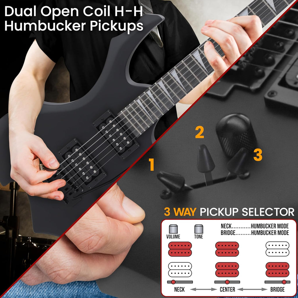 Pyle Heavy Metal EG Fire Electric Guitar Axe w/ Amplifier Kit, Full Size Instrument w/ Practice Amp & Accessories, Metal Axe, Black