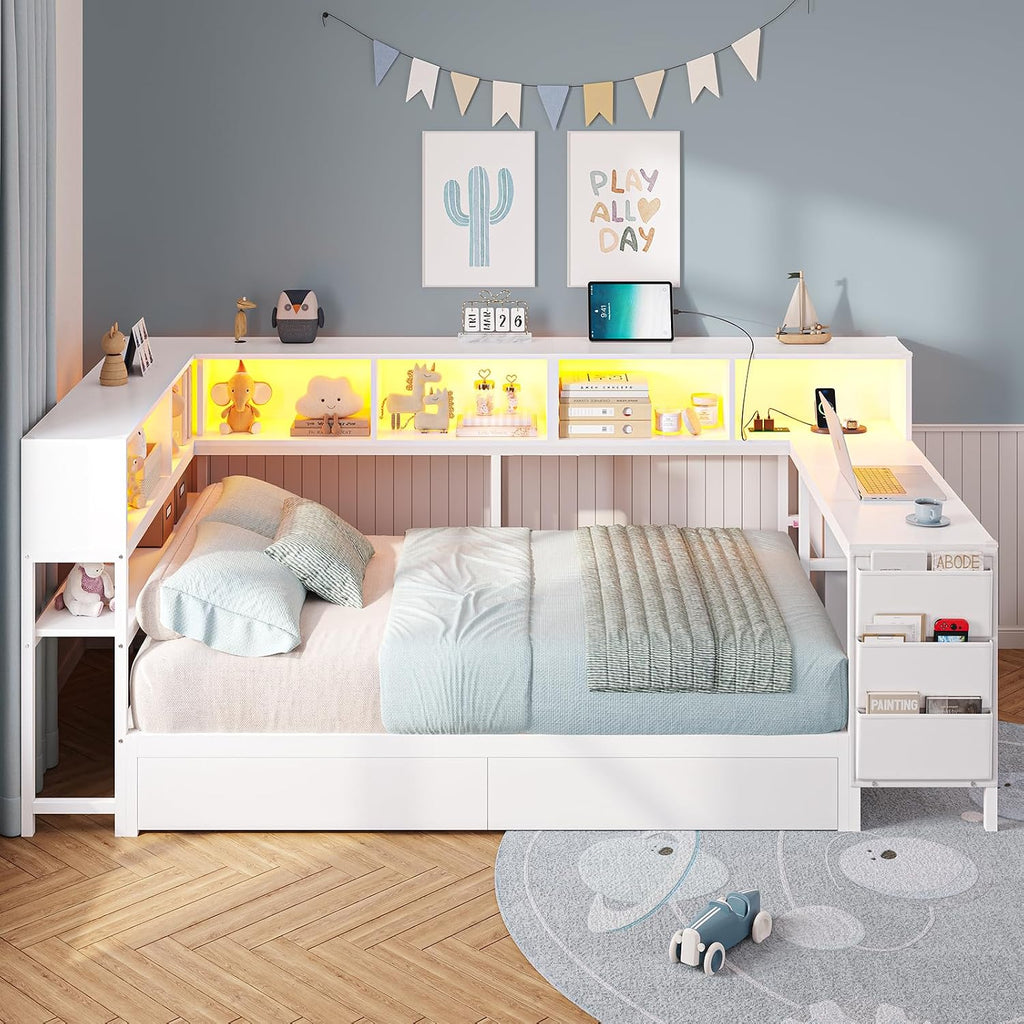DICTAC Corner Twin Bed Frame with Desk,Charging Station and Bookcase Storage Metal Platform Bed Frame with Storage Drawers and Led Lights Twin Size Daybed with Desk and Shelves for Kids/Teen,White