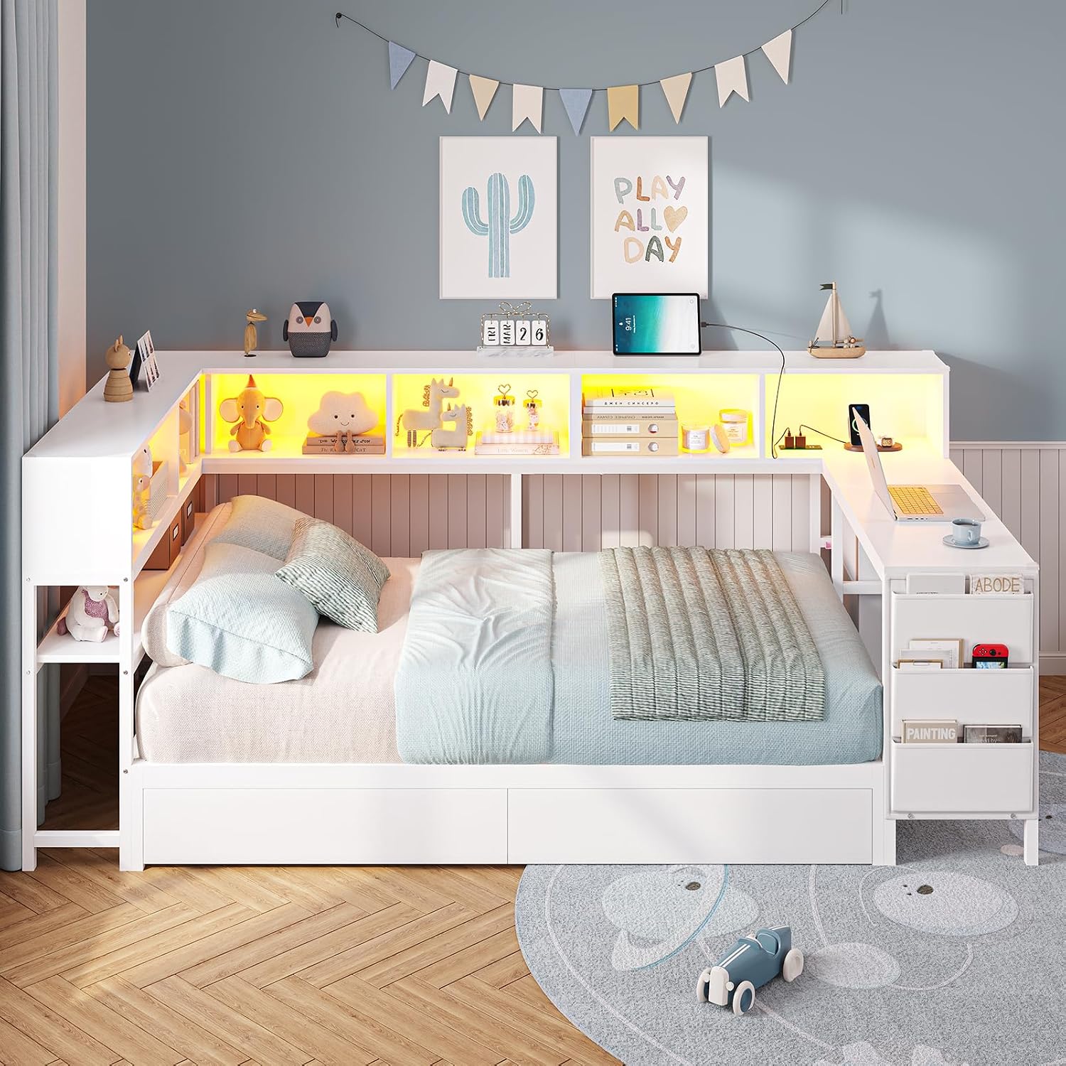 DICTAC Corner Twin Bed Frame with Desk,Charging Station and Bookcase Storage Metal Platform Bed Frame with Storage Drawers and Led Lights Twin Size Daybed with Desk and Shelves for Kids/Teen,White