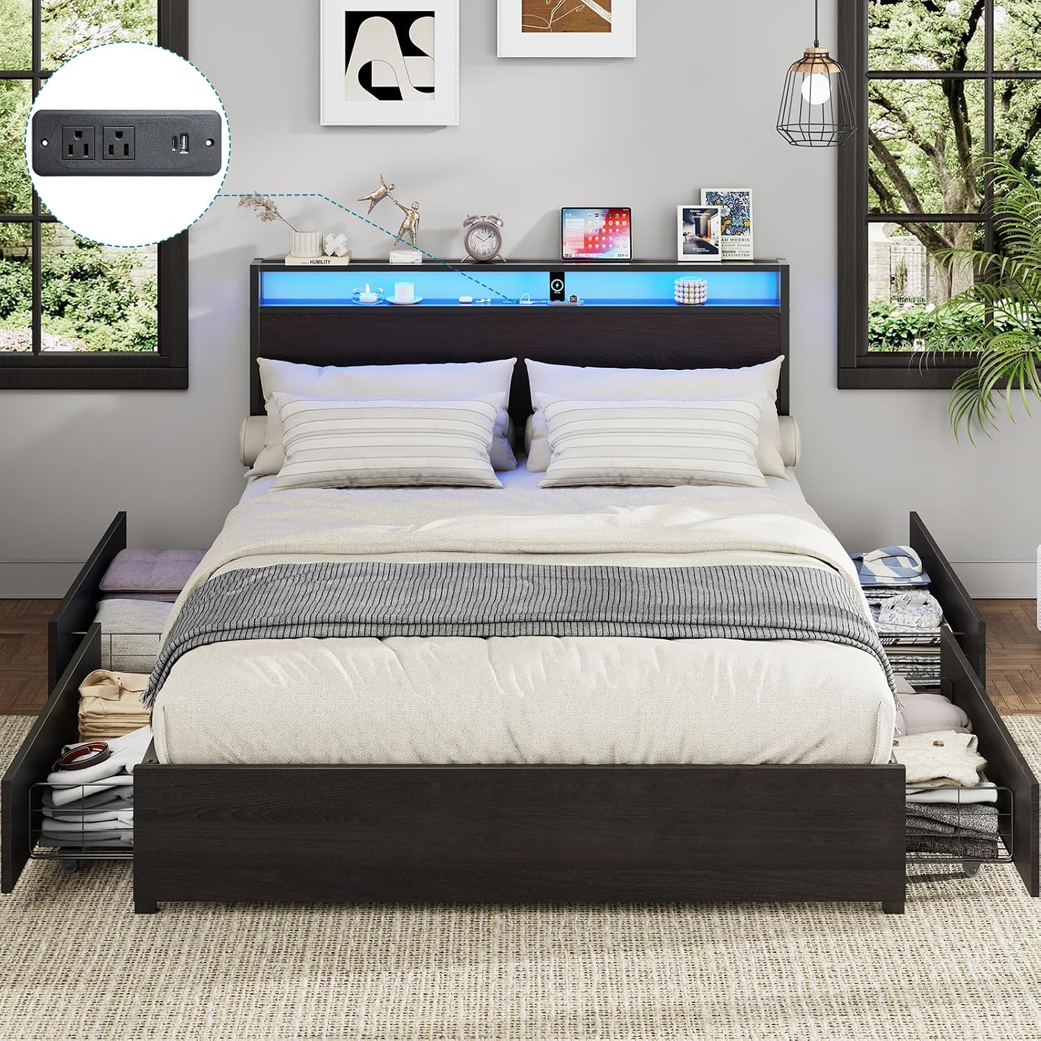 Kiivakii Full Size Bed Frame with Headboard, LED Platform Bed with 4 Storage Drawers, Built in Charging Station, Noise-Free, Metal Support Base, No Box Spring Needed, Black