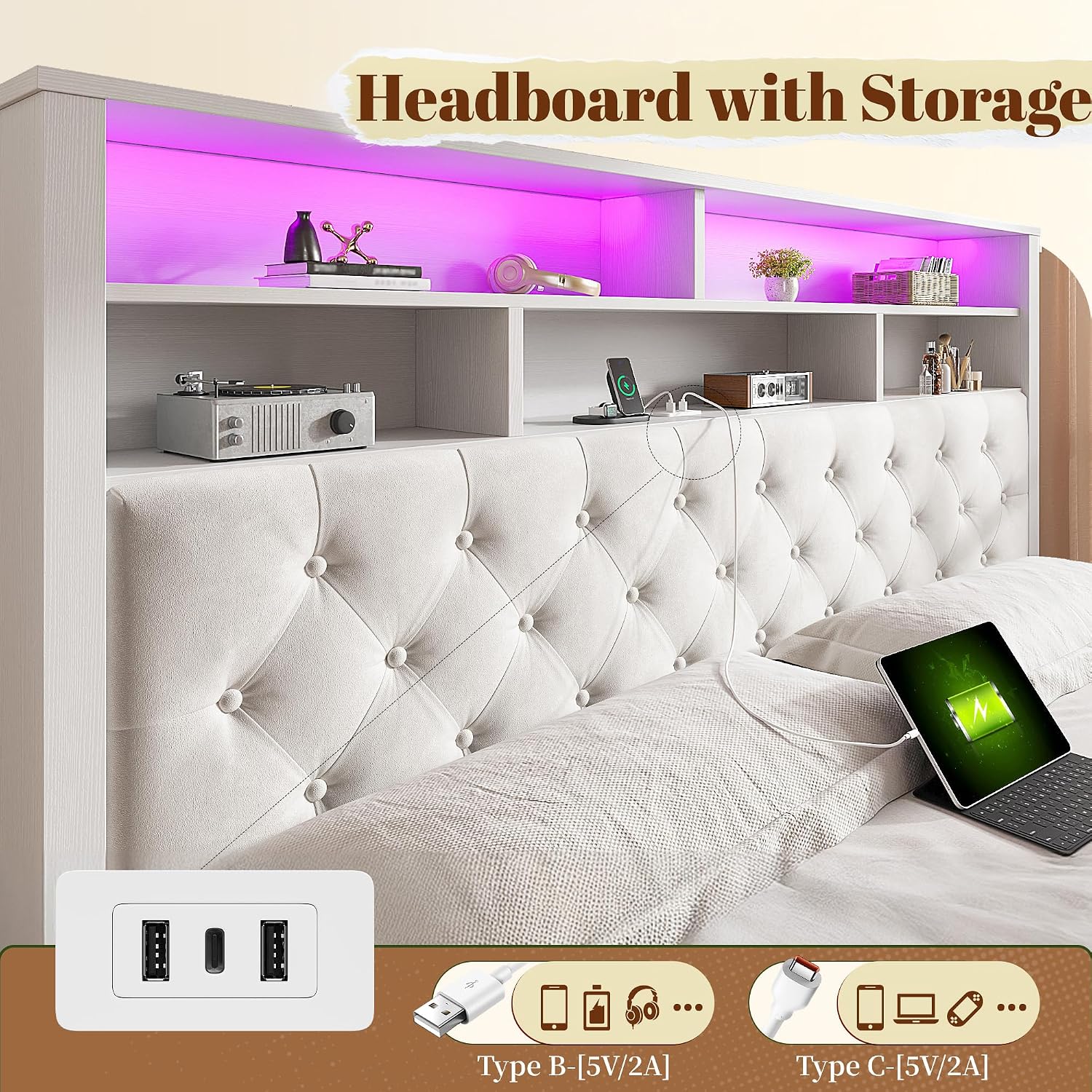 EnHomee King Size Bed Frame with 4 Drawers and Upholstered Storage Headboard,Wooden King Bed Frame with Charging Station and LED Lights,NO Noise,No Box Spring Needed,Beige