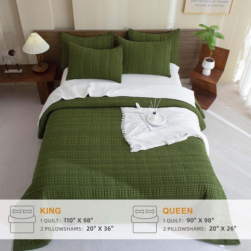 Sanracie Cotton Oversized King Bedspread Quilt(120'x120'),Olive Green Waffle Quilt Coverlet Set 3Pcs Extra Large King Quilt Bedding Set,Farmhouse Coverlet Quilt Set Shabby Vintage Chic Bedding