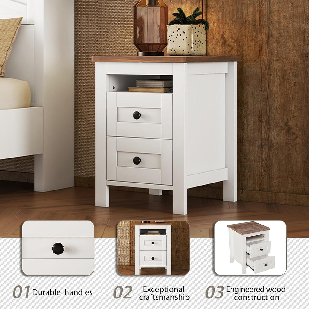 SOFTSEA 3-Piece Farmhouse Bed Frame Set with Charging Station, Full Size Platform Bed with Storage Headboard, Storage Nightstand and Dresser, Wood Bedroom Furniture Set, White+Brown
