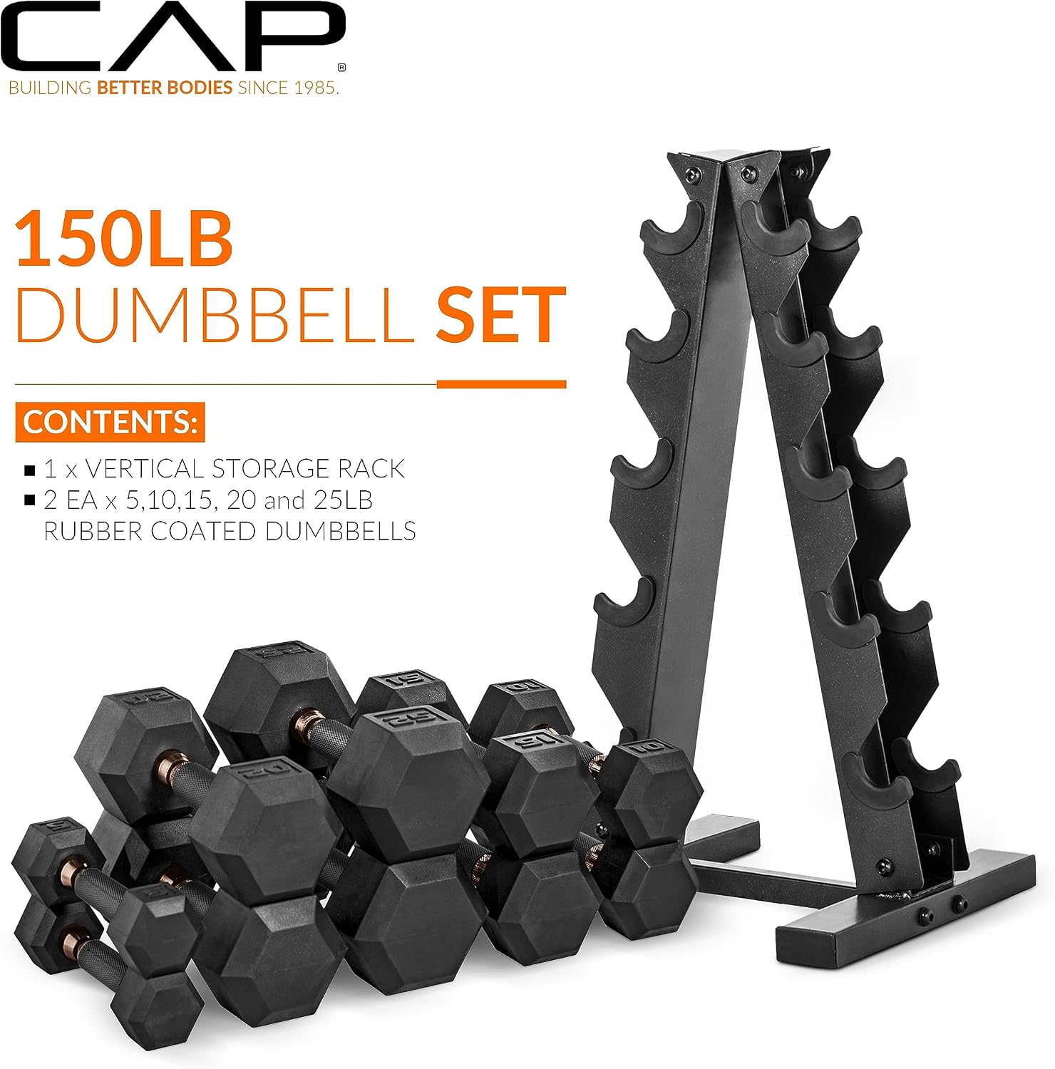 CAP Barbell 150 LB Coated Hex Dumbbell with Copper Handle Weight Set and Vertical Rack